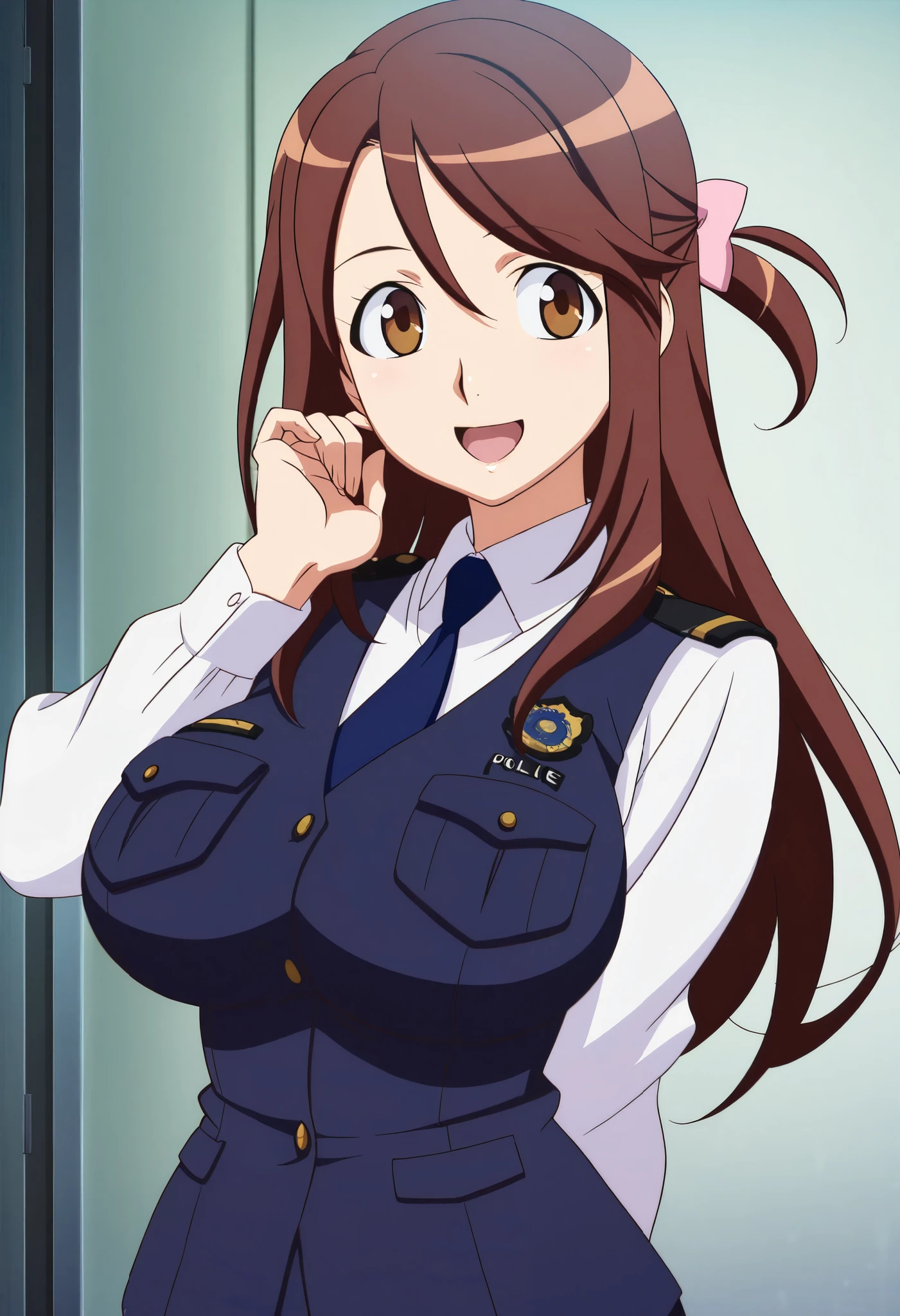 (anime screencap,anime coloring,official art:1.3),(uno makoto (style)),solo,1girl,smile,iida nana, brown hair, long hair, one side up, hair bow, pink bow, brown eyes, large breasts, wide hips,(mature female),police uniform, blue vest, white shirt, collared shirt, long sleeves, blue skirt, pencil skirt, blue necktie,open mouth,