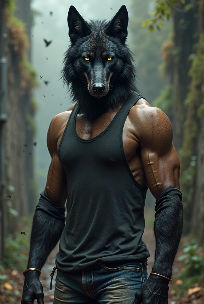 Bara, furry, Black wolf with green moicana hair, leather harness and jockstrap, solo, sexy