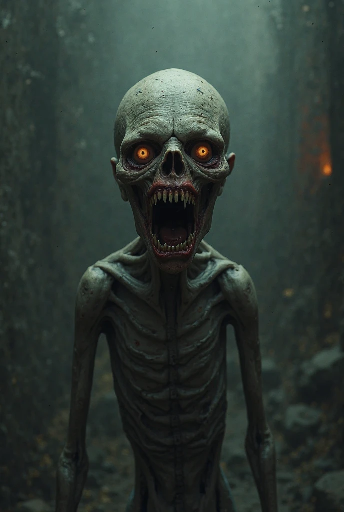 A horrified version of the dry body from Brazilian folklore, displaying a sinister and disturbing presence. The body is pale, with dry, cracked skin that appears to be in an advanced state of decomposition, revealing a barely visible bone structure. The eyes are large and empty, with bright red accents oozing out and staining the eye sockets, as if tears of blood are constantly flowing. The superficial veins and arteries are visible, pulsing with a reddish glow. The facial expression is a mixture of pain and fury, with mouths and nostrils distorted into a grotesque visage. The body is surrounded by an aura of dark, opaque fog, with shadows that seem to move unsettlingly around it. The setting is a dark and desolate forest, with twisted trees and the ground covered in dry, rotting leaves, creating an atmosphere of horror and despair. The environment is lit only by a weak, diffuse light, intensifying the feeling of a palpable nightmare.