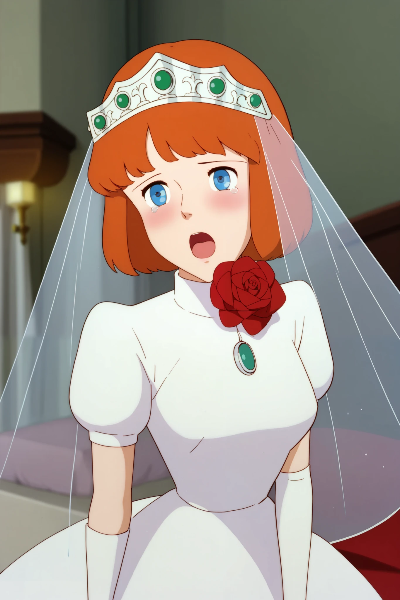 Clarisse,marin_kitagawa,
front,lower body,from above,from side,
1 female,solo,baby face,pretty,
fellatio,deepthroat,irrumatio,
Grab your head with both hands,very huge cock,
large breast,small nipples,small areolas,
orange hair,bob_cut,colored inner hair,
deep blue eyes,beautiful eyes,big eyes,
slant eyes,long eyelashes,open eyes wide,
white wedding dress(1.3),tiara,veil, turtleneck,short_sleeves,
elbow gloves,mini skirt,
white lace up boots,thigh-high boots,
high heels,white panty,
pleasure,blushing,drooling,tearful eyes,
tear drop,sweaty,ecstasy,wet,
open mouth,tongue out,white breath,
incontinence,cameltoe,
motion line for orgasm,
extreme close-up under the chest,
low angle,
beautiful legs,thin thighs,thin calves,
thin waist,
I can see panty,
cowboy shot,dutch angle,
perfect face,beautiful skin,anime,
anatomically correct,
best quality,super detailed,
highest quality,masterpiece,high quality,
blurred background,
indoor,on bed,bedroom