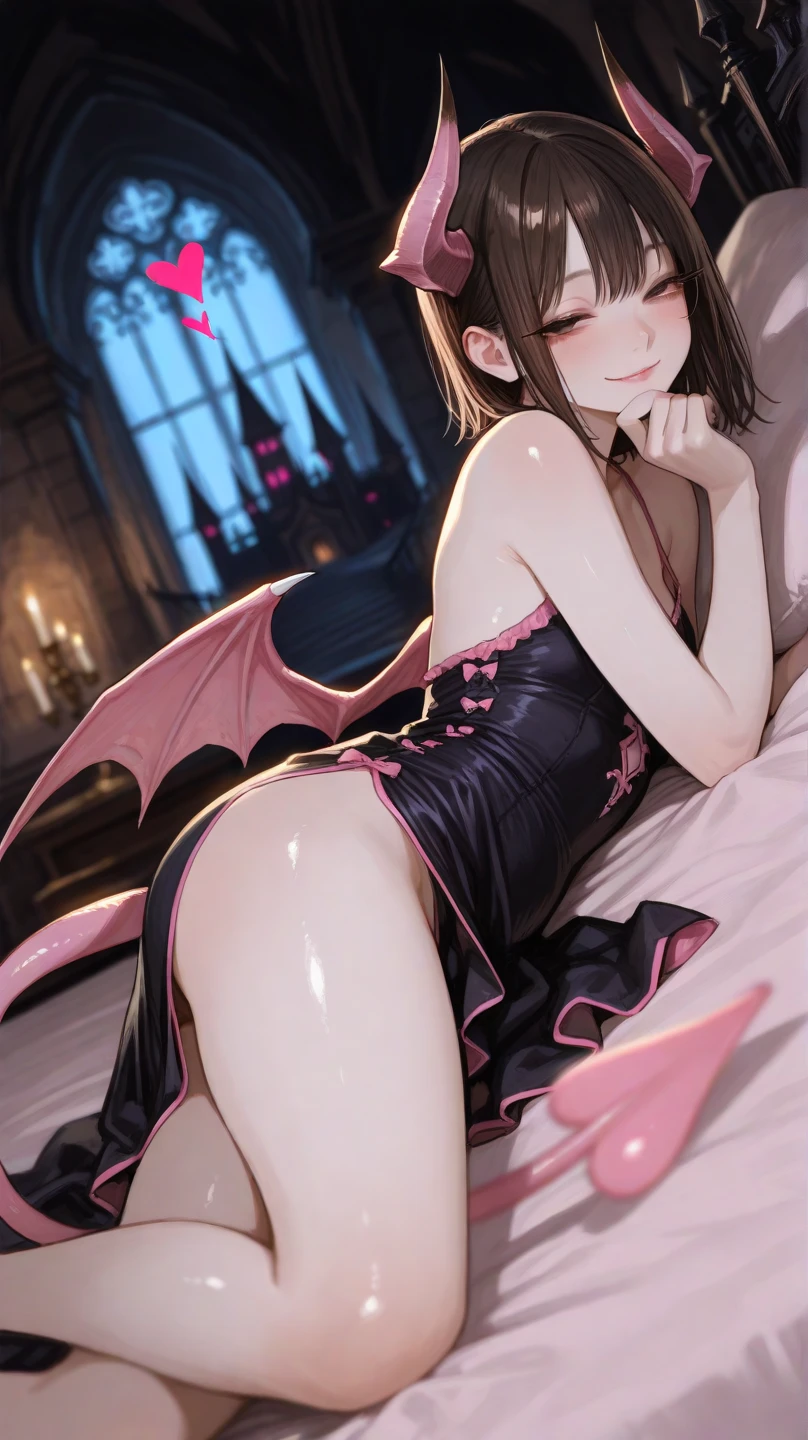 ((top-quality, 8K, ​masterpiece:1.4)), (Photorealsitic, Raw photography, Top image quality:1.5), beautiful  lighting, Movies in which girls shine, realistic shadow, huge filesize, Vibrant colors, Brilliant image quality, colourfull, Fantasia [hight resolution], (17-year-old beautiful girl:1.6), (Lori:1.2), (Junior Idol), Well-formed fingers, ((Cute pose with arms crossed behind your back:1.5)), ((Glittering Perfect Beautiful Girl:1.3)), a handsome, a cool, (innocent smiles:1.2), ((Super Cute Super Beautiful Girl)), (Crisp and gentle eyes), dual, (with blush cheeks:1.4), ((morning、Beautiful girl with demon wings and tail in transparent sexy black devil costume:1.3)), Cute hair in short cuts, (Show me your cute ass:1.6), Perfect and beautiful body, Lovely room, Innocent Girl, Japan beautiful girl, Shines