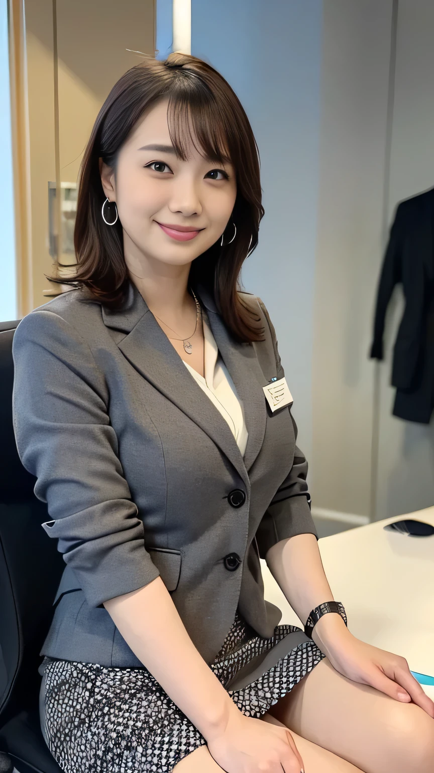 ( Japanese office lady 、25 year old japanese woman:1.2)、one woman、Extremely Beautiful Women、chair、( gray business suit、 black business suit、suit skirt:1.3)、natural makeup、Beautiful Legs、simple earrings、At the company office、 office with desk and chair 、Office with Large Window