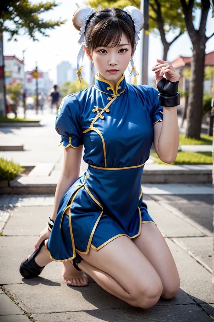 High Kick、"(Exquisitely drawn CG Unity 8k wallpaper, Masterpiece quality with stunning realism), (Best lighting, Best Shadow), (highest quality), (Elegant and devilish style:1.2), Artistic modern anime. Diagonal view, A close-up full-body portrait of a stunningly beautiful mature Chun-Li from Street Fighter。 ((Dark brown hair:1)), ((White lace-up boots:.5)), Dynamic pose, (Blue Chinese Dress:1.5), Amazing body, in china at night with neon lights, Shy and shy、Frivolous、Sexy、Cute expression, The body is slim, Very decorative and detailed, Brown see-through pantyhose, Depth of field blur effect, night, Full Zoom, Action Portrait, Realistic. Cinema Lighting, Very detailed. highest quality, 4K, Better Hands, Perfect Anatomy, Shortening effect, Shy and shyセクシーな表情, Makes legs look shorter, (Sharp Eye:0.8), Surrounded by an ominous and dark atmosphere, Dramatic and striking lighting accents, Surreal fantasy feel". (Wearing white laced military boots:1), (night:1), (Side view:.5), (Lifted my butt:1), (metal spike bracelet:1), (Leaning forward:1), (White ribbon flowing from hair bun:1.5) (Front view:1)