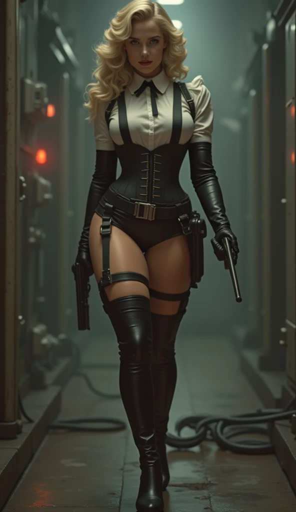 (masterpiece, top quality, best quality, official art, beautiful and aesthetic:1.2), (1girl:1.3), light freckles, fair skin, extremely detailed, portrait, looking at viewer, solo, (full body:0.6), detailed background, close up, (dark gothic theme:1.1), nun with guns, charlatan, smirk, mysterious, swaggering through cathedral, modest attire, black habit, cowl, nun hood, wimple, thigh-high boots, corset, leather straps, ammunition pouches, long boots, submachineguns, SMGs, MP5s, thigh pouches, holsters, garters, ((((gigantic breasts)))), slim waist, slim hips, long legs, modern (cathedral exterior:1.1) background, dark mysterious lighting, shadows, magical atmosphere, dutch angle,