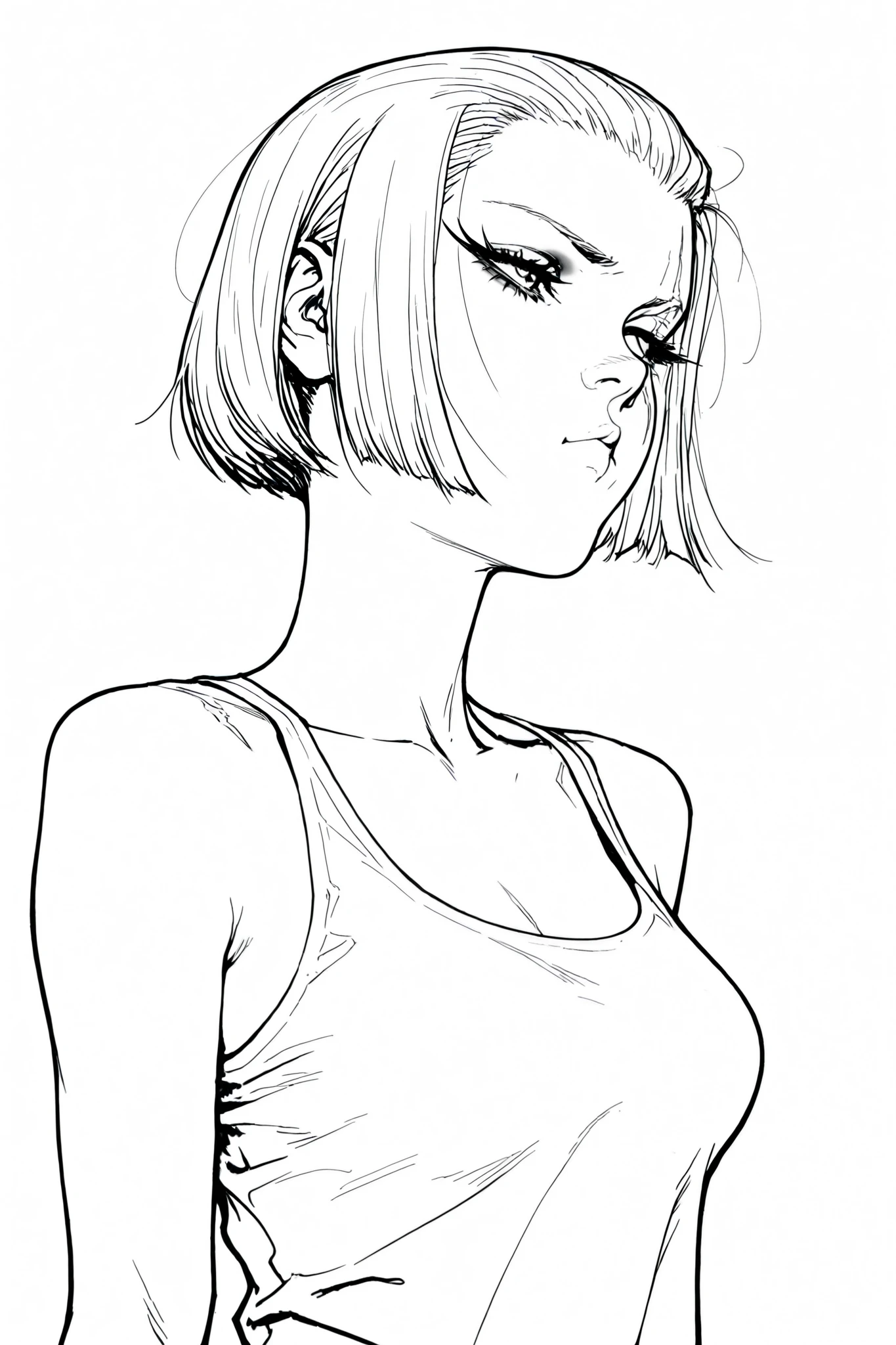 monochrome, greyscale, Line art, lineart, Timbrook, HDR, 8K, high contrast, masterpiece, best quality, amazing quality, very aesthetic, anime artstyle, realistic, newest,
BREAK
monochrome, greyscale, Line art, lineart, Timbrook, rough sketch
BREAK
1girl, beauty mark under one eye , pout , large eyelashes, medium breasts , portrait , torso shot , bob cut , tank top, shoulder length hair , slicked back from the right side , hair over left eye . scar over right eye