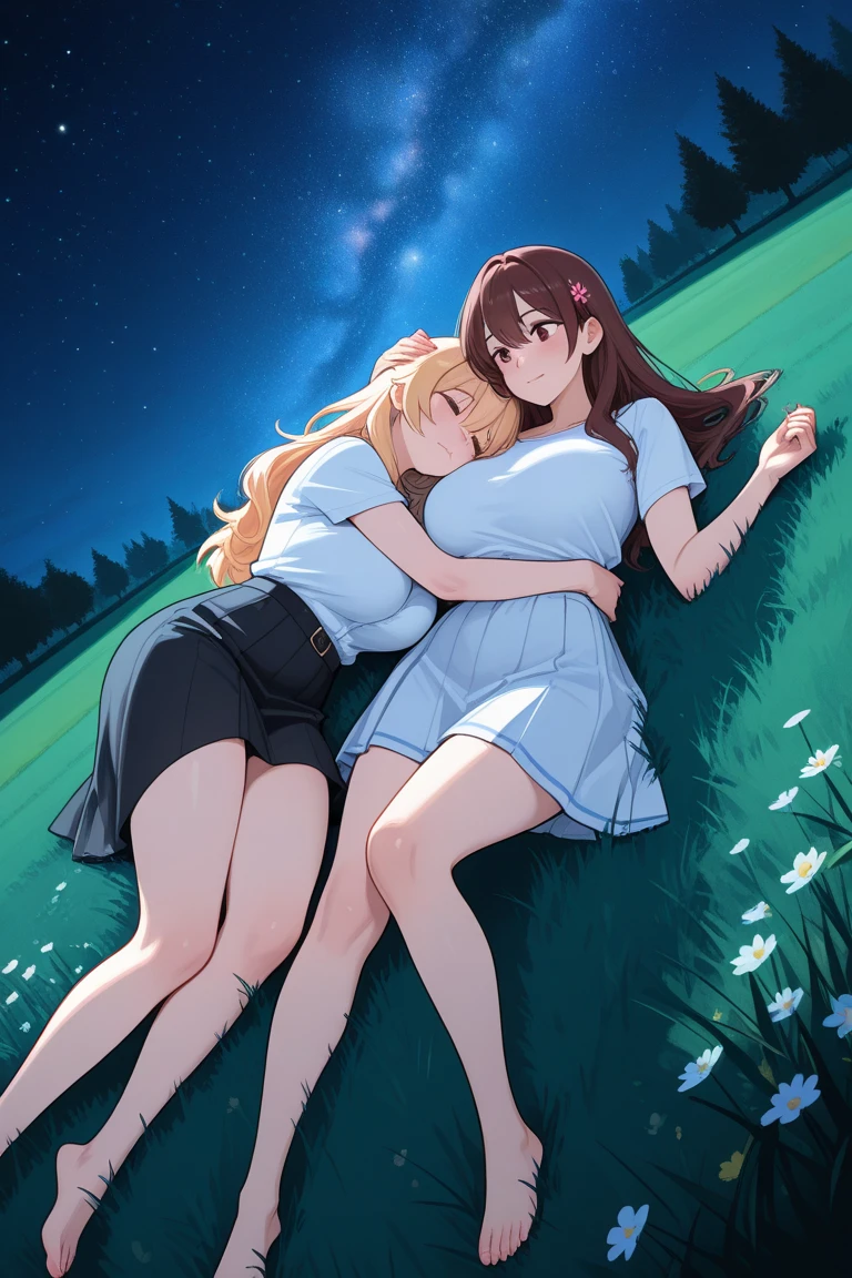 long dark hair / big tits / brown eye / lying on the grass . sexy pose . sunset