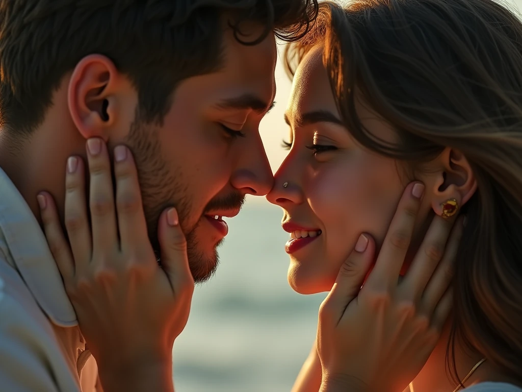 2 people love each other, a man and a woman kiss each other against the backdrop of the sea, sunset close up