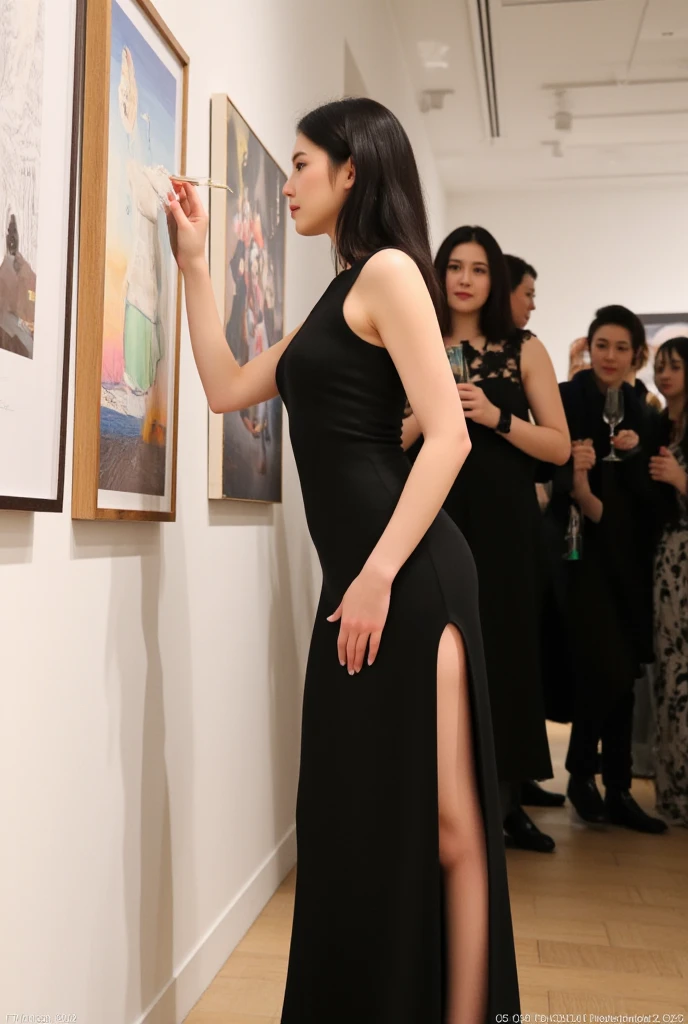 2heads, Extra arms, a woman posing for a picture, blue dress, curvy arms, long hair, black hair, hat, incredibly beautiful, strong pose, very beautiful, arms to the side, 6 arms and 2 legs!, curvy arms, multiple arms, armpits fused to shoulders, normal hands, slender body, identical faces, 21 years old, upper body shoot, korean
