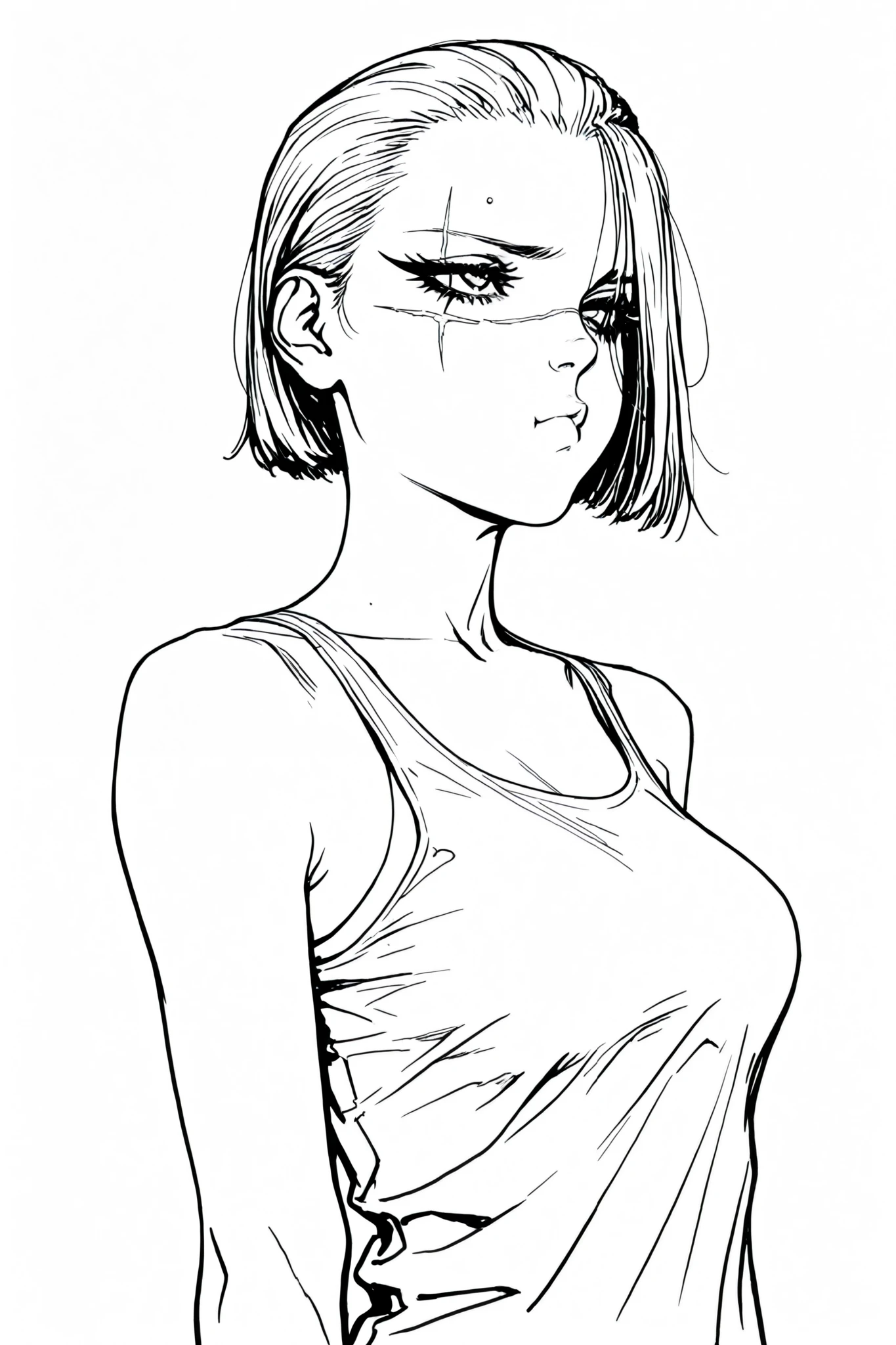 monochrome, greyscale, Line art, lineart, Timbrook, HDR, 8K, high contrast, masterpiece, best quality, amazing quality, very aesthetic, anime artstyle, realistic, newest,
BREAK
monochrome, greyscale, Line art, lineart, Timbrook, rough sketch
BREAK
1girl, beauty mark under one eye , pout , large eyelashes, medium breasts , portrait , torso shot , bob cut , tank top, shoulder length hair , slicked back from the right side , hair over left eye . scar over right eye