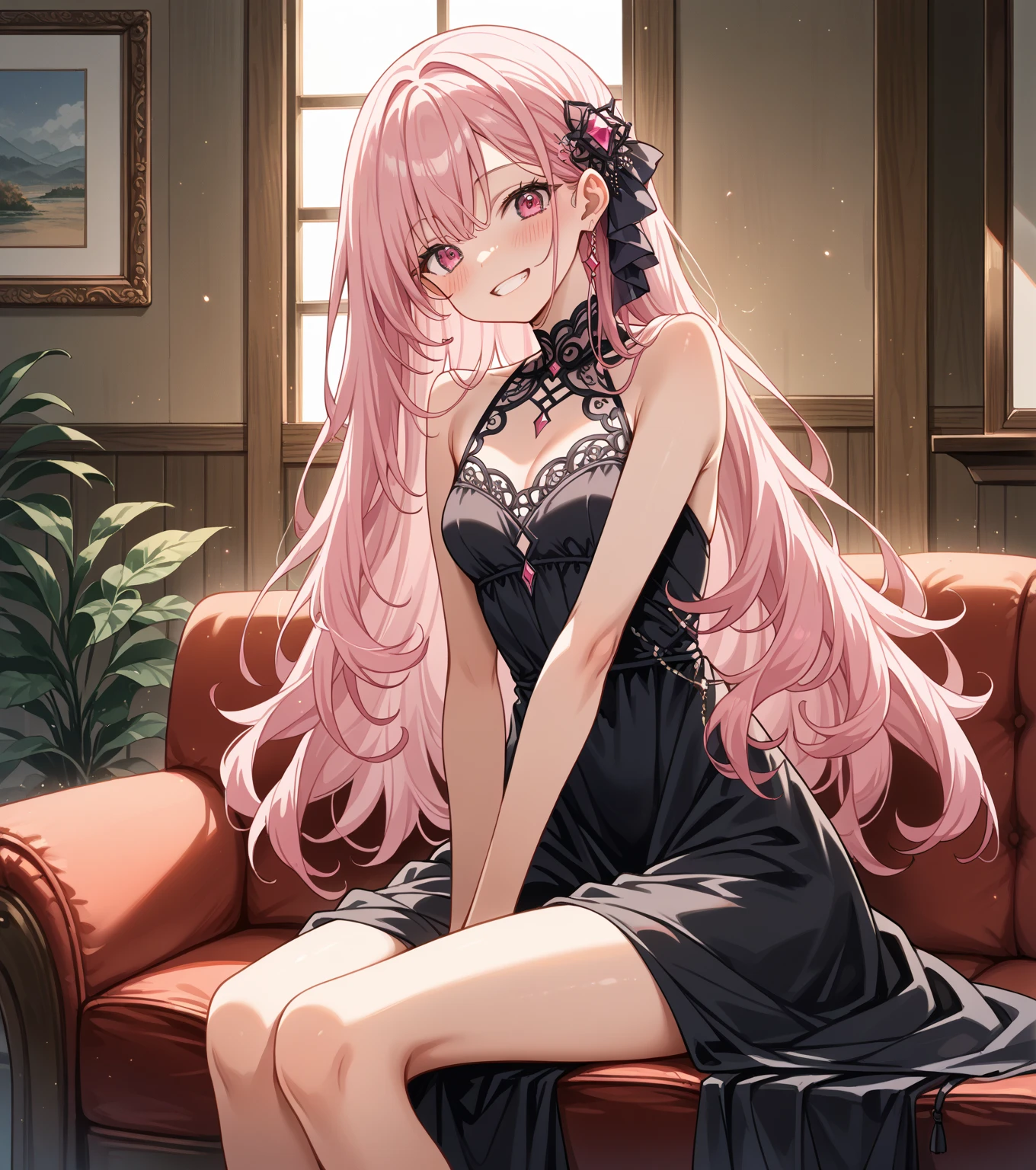 photorealisim、top-quality、超A high resolution、a picture、Extraordinary beautiful girl、Highlights of cheek luster、Detailed cute and beautiful face、(pureerosface_v1:0.008)、Beautiful bangs、Glowing white shiny skin、Bangs between the eyes、shiny and beautiful hair、Silky pink hair、finer hair、High-definition eyes、Beautiful, Bright and clear, Big yellow eyes shine charmingly、eye liner、Double eyelids、Full body like、red blush、embarrassed from、shiny little necklace and earrings, shiny lips: 1.4, (Shy laughter)、Kamimei、red blush、Tears are embarrassing , (red dress),((Open knees))、((open one's legs)、Puffy nipple、Neat and clean female 20-year-old female teacher、pink hair, bangs flowing diagonally, Medium Wave Long Hair, yellow eyes, medium breast size, (sit on red sofa)