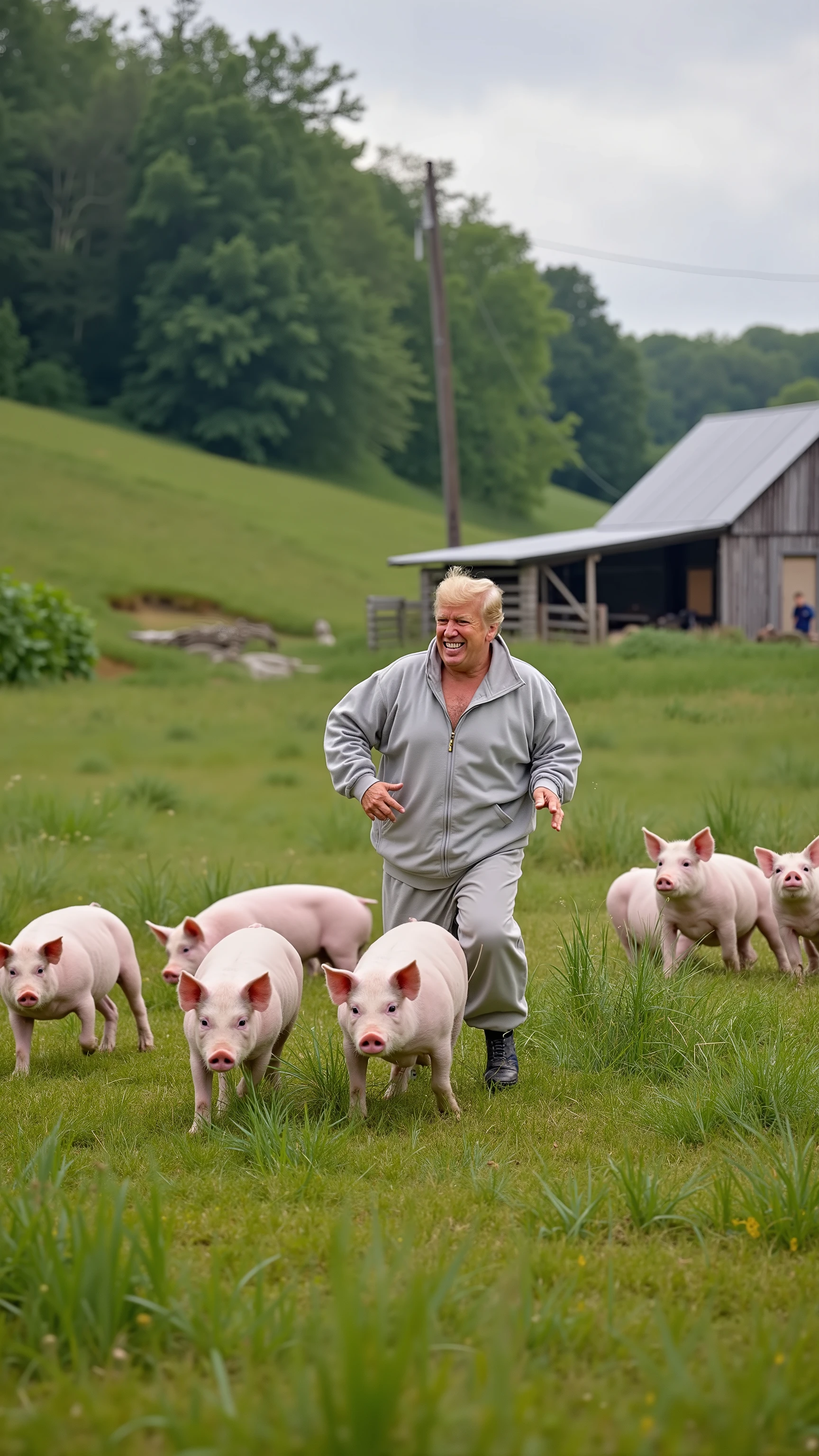 an obese donald trump dressed in overalls without a shirt sitting in a pig sty surrounded by several pigs