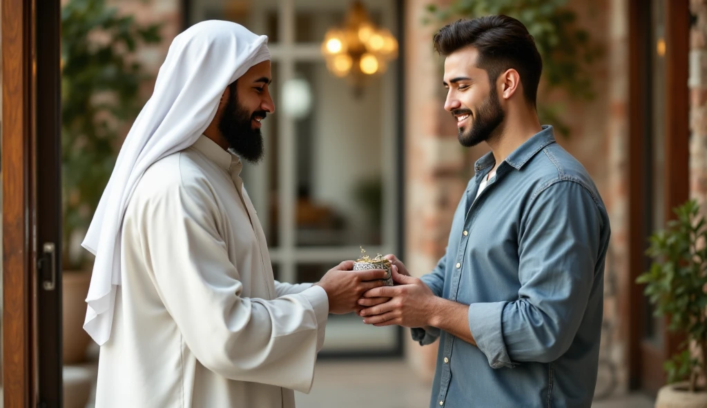 A handsome young Arab man with a beard and his Saudi thobe, He gives his father( With a beard and some gray hair), Gift box with all happiness and tenderness , He's on the street on a beautiful day, The father opens the gift to find a smartwatch inside the box