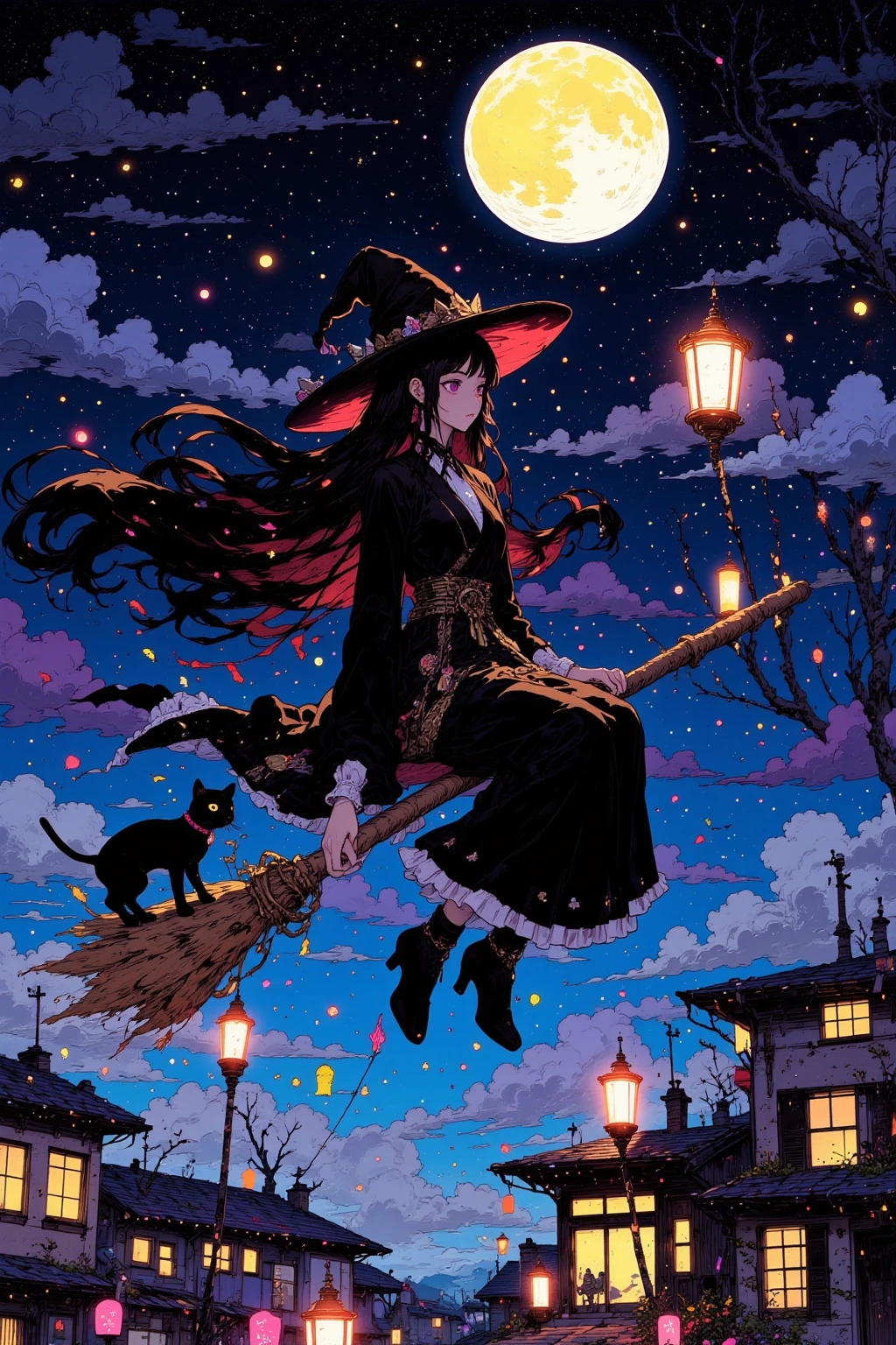 The witch riding a flying broom and the full moon in the night sky, A witch straddling a broom、 A pose cutting through the wind, Hair and clothes fluttering in the wind, Emphasizing the witch's silhouette, Contrast with the night sky, Black cats and lanterns, Witch-like props added,The Moon Is Big 、Brightly painted、The witch's costume is a classic design with a triangular hat,star々A deep night sky scattered around,流れstarとオーロラ, A fantastical, dream-like atmosphere, Thin clouds placed,depicts the moonlight shines through clouds,The color is centered around a black witch and broom、The background is blue or purple to express the night sky,The moonlight shines softly in white and yellow, Not only the light from the full moon、 A small magical light from the end of the broom（Pale Flame）Issue,and a modern arrangement with a triangular hat、robe、 Traditional clothing such as boots,モダンなアレンジで個性Issueために色や形状に変化を加うる,Decorations（ Pendants and belts） with accents,line of sight guidance that can add changes to the shape, and move it at the angle of the broom, A magical town spreads out below,建物のシルエットを配置し奥行きIssue,Little character pop art , Move at night ,ハイパー  details イラスト , 病気にかかったような可愛い detailsな彩色画 , エクストラファインインクの details  ,  luxurious fabric to sit on a gothic throne   ,   details ,    full color illustration   , wonderful painting atmosphere ,たくさんの details,  超 detailsな色彩アート , かわいい detailsなアートワーク  ,   anime style,  anatomically accurate , 