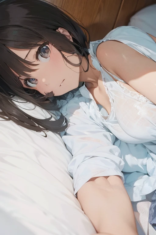 from above,full body,{best quality}, {{masterpiece}}, {highres}, original, extremely detailed 8K wallpaper, 1girl, {an extremely delicate and beautifu ((power of chainsawman))l},ray tracing,{best quality}, {{masterpiece}}, {highres}, original, extremely detailed 8K wallpaper, {an extremely delicate and beautiful},incredibly_absurdres,colorful,intricate detail,artbook,on bed,indoors,photorealistic,Aestheticism Painting,photo (medium) ,solo,curly_hair,black_hair/black_eyes,facing viewer,looking up,lying on back,arms behind head,orgasm,surprised,wide-eyed,night dress,striped_thighhighs,