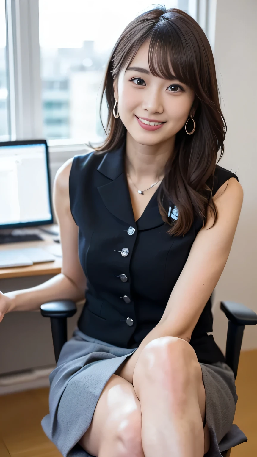 ( Japanese office lady 、25 year old japanese woman:1.2)、one woman、Extremely Beautiful Women、chair、( gray business suit、 black business suit、suit skirt:1.3)、natural makeup、Beautiful Legs、simple earrings、At the company office、 office with desk and chair 、Office with Large Window