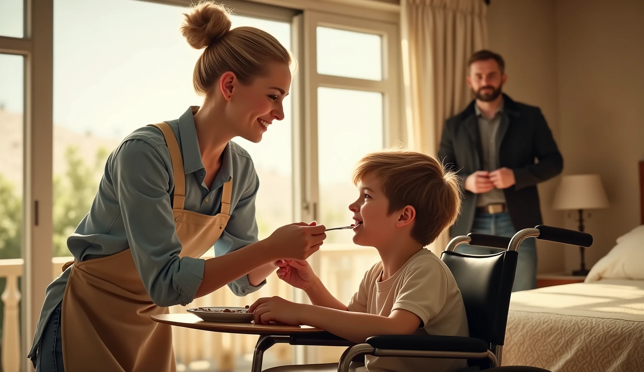 The image is a digitally created scene with a cinematic style, with a warm and inviting atmosphere. In the foreground, a white woman with blonde hair in a bun, wearing a light blue shirt and beige apron, is smiling as she feeds a white boy with short brown hair sitting in a wheelchair. The boy was looking at her with a happy expression. In the background, a man with short brown hair, a beard, wearing a dark coat, stood near the window observing the scene. The setting is a bedroom in a luxury villa with large windows letting in natural light.