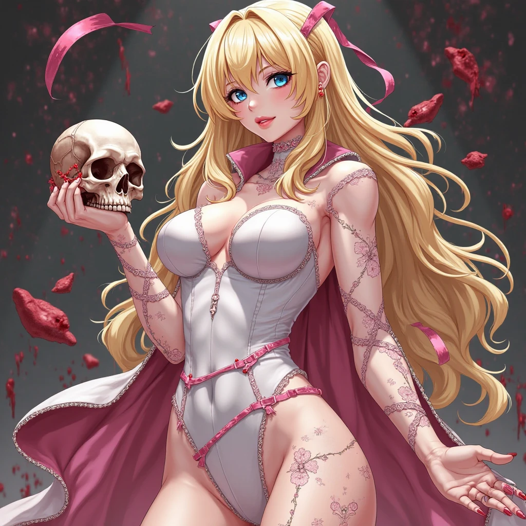 A female One Piece OC with really long, white, curly hair. She has the blood-blood devil fruit.