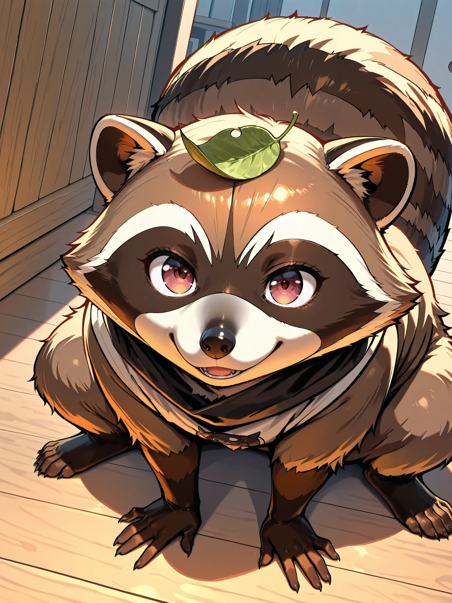 Leaf Racoon There is a raccoon with a leaf on its head sitting on the floor - SeaArt AI