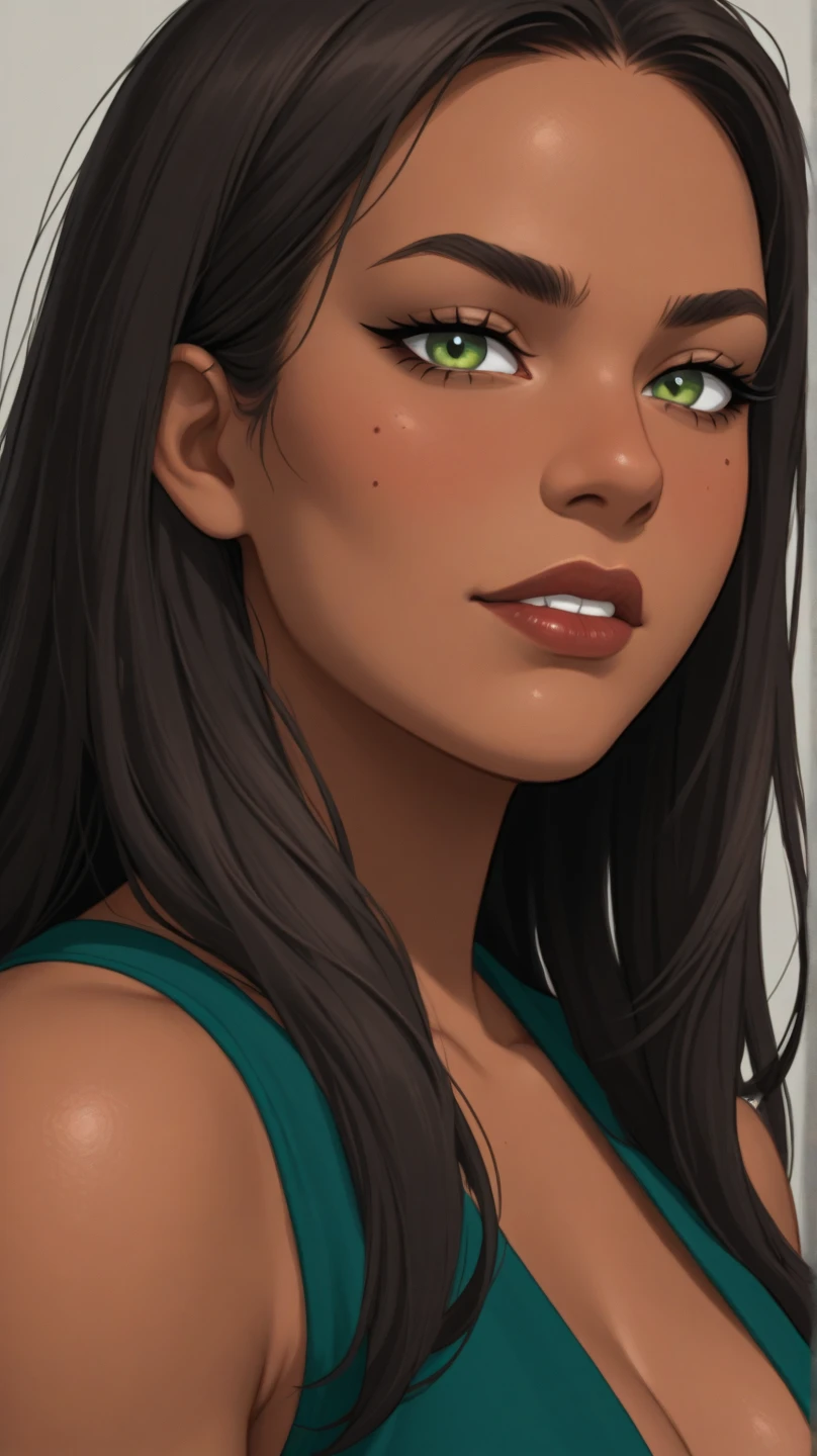 best quality,ultra-detailed,realistic),beautiful detailed green eyes,close-up portrait,Charlize Theron with mesmerizing eyes,graceful and confident posture,soft lighting,dark green background,vibrant colors,hint of mystery and allure,photorealistic rendering,striking beauty,studio shot,sharp focus,intense gaze,sophistication and elegance,subtle smile,high resolution,professional photography,hint of drama,celebrity beauty,perfect complexion,long dark lashes,long wavy brunette hair,subtle makeup,flawless skin,expressive eyes,enchanted beauty,subtle highlights on the face,subtle shadows,subtle reflection in the eyes,faint hint of greenery,emerald green mesmerizing gaze,mesmerizing and captivating presence.