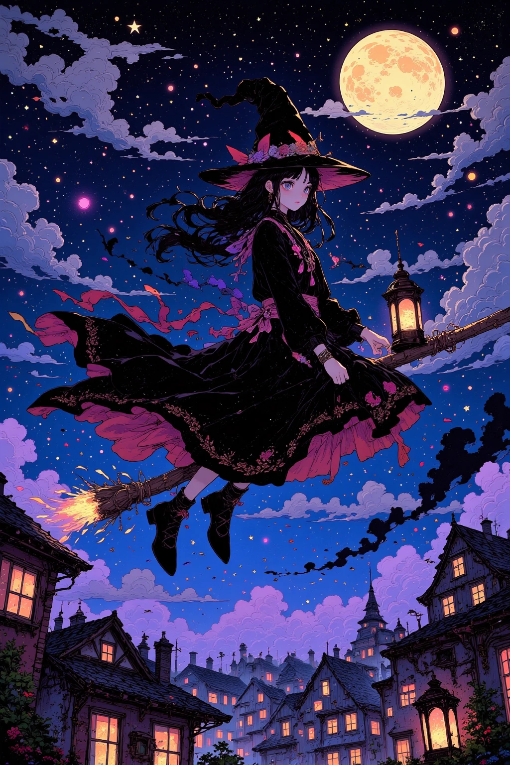 The witch riding a flying broom and the full moon in the night sky, A witch straddling a broom、 A pose cutting through the wind, Hair and clothes fluttering in the wind, Emphasizing the witch's silhouette, Contrast with the night sky, Black cats and lanterns, Witch-like props added,The Moon Is Big 、Brightly painted、The witch's costume is a classic design with a triangular hat,star々A deep night sky scattered around,流れstarとオーロラ, A fantastical, dream-like atmosphere, Thin clouds placed,depicts the moonlight shines through clouds,The color is centered around a black witch and broom、The background is blue or purple to express the night sky,The moonlight shines softly in white and yellow, Not only the light from the full moon、 A small magical light from the end of the broom（Pale Flame）Issue,and a modern arrangement with a triangular hat、robe、 Traditional clothing such as boots,モダンなアレンジで個性Issueために色や形状に変化を加うる,Decorations（ Pendants and belts） with accents,line of sight guidance that can add changes to the shape, and move it at the angle of the broom, A magical town spreads out below,建物のシルエットを配置し奥行きIssue,Little character pop art , Move at night ,ハイパー  details イラスト , 病気にかかったような可愛い detailsな彩色画 , エクストラファインインクの details  ,  luxurious fabric to sit on a gothic throne   ,   details ,    full color illustration   , wonderful painting atmosphere ,たくさんの details,  超 detailsな色彩アート , かわいい detailsなアートワーク  ,   anime style,  anatomically accurate , 