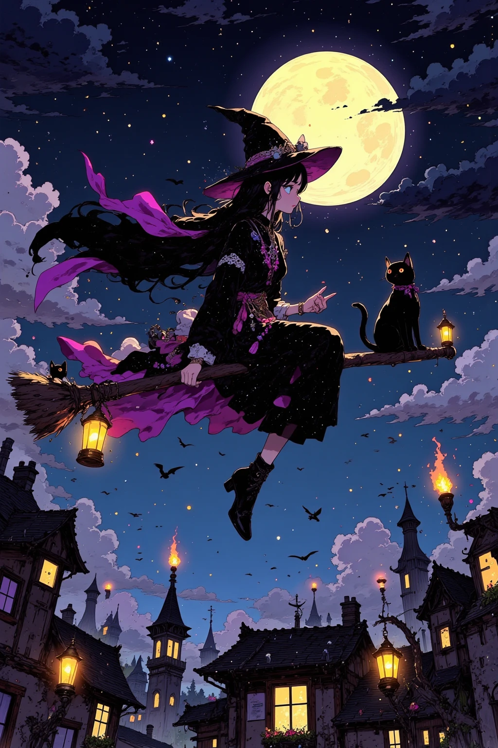 The witch riding a flying broom and the full moon in the night sky, A witch straddling a broom、 A pose cutting through the wind, Hair and clothes fluttering in the wind, Emphasizing the witch's silhouette, Contrast with the night sky, Black cats and lanterns, Witch-like props added,The Moon Is Big 、Brightly painted、The witch's costume is a classic design with a triangular hat,star々A deep night sky scattered around,流れstarとオーロラ, A fantastical, dream-like atmosphere, Thin clouds placed,depicts the moonlight shines through clouds,The color is centered around a black witch and broom、The background is blue or purple to express the night sky,The moonlight shines softly in white and yellow, Not only the light from the full moon、 A small magical light from the end of the broom（Pale Flame）Issue,and a modern arrangement with a triangular hat、robe、 Traditional clothing such as boots,モダンなアレンジで個性Issueために色や形状に変化を加うる,Decorations（ Pendants and belts） with accents,line of sight guidance that can add changes to the shape, and move it at the angle of the broom, A magical town spreads out below,建物のシルエットを配置し奥行きIssue,Little character pop art , Move at night ,ハイパー  details イラスト , 病気にかかったような可愛い detailsな彩色画 , エクストラファインインクの details  ,  luxurious fabric to sit on a gothic throne   ,   details ,    full color illustration   , wonderful painting atmosphere ,たくさんの details,  超 detailsな色彩アート , かわいい detailsなアートワーク  ,   anime style,  anatomically accurate , 