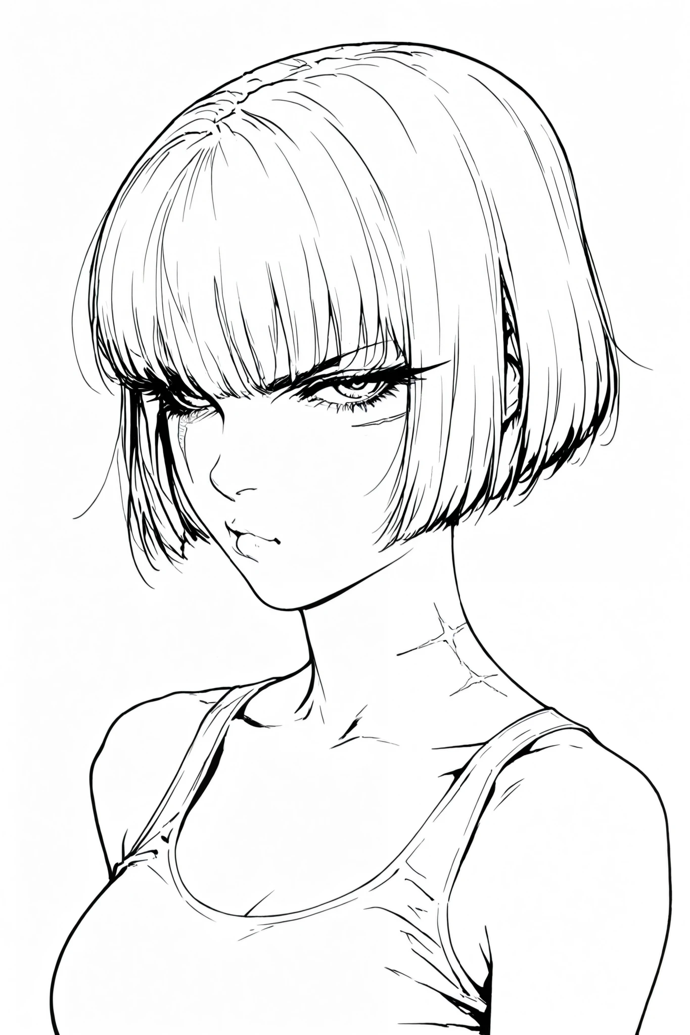 monochrome, greyscale, Line art, lineart, Timbrook, HDR, 8K, high contrast, masterpiece, best quality, amazing quality, very aesthetic, anime artstyle, realistic, newest,
BREAK
monochrome, greyscale, Line art, lineart, Timbrook, high angle shot,
BREAK
1girl, beauty mark under one eye , pout , large eyelashes, medium breasts , portrait , torso shot , bob cut , tank top, shoulder length hair , slicked back from the right side , hair over left eye . scar over right eye