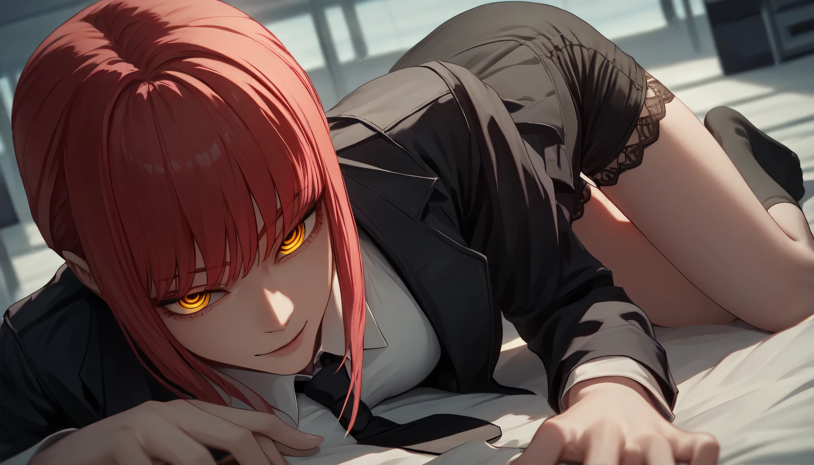1 women ,,Black Tie,,Black Socks,black jacket,Red Hair,Yellow Eyes,, sexy action,vest line,Highlight,4K,, medium breasts ,face red,,seductive,,2.5D,anime,Makima,sister,Black Lace Shorts,OL,looking at the audience,Human Perfect Scale,caress,Domineering,Exquisite Eyes,Sharp Eye, Office Background,, sexy action