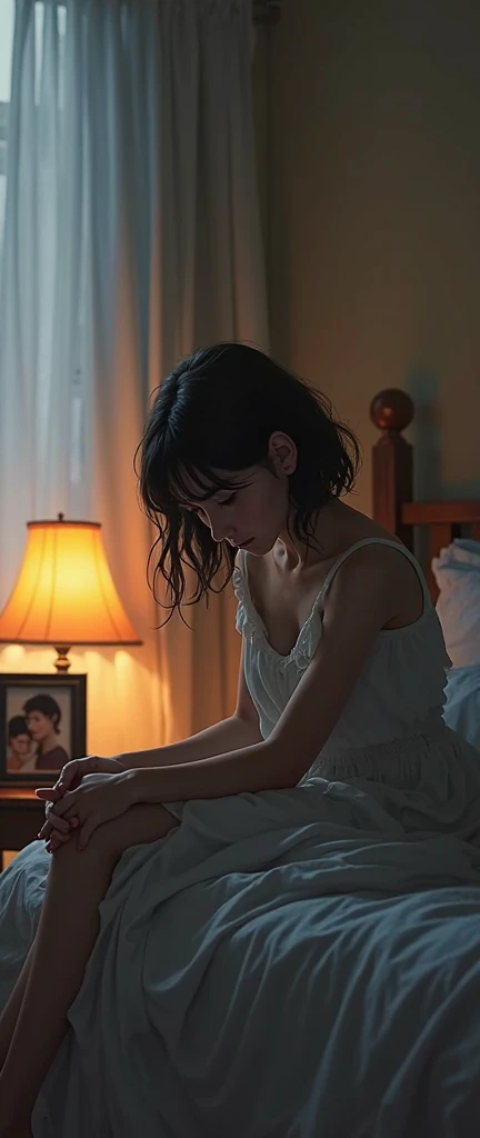 Girl's gaze drifting to the framed poster hanging on the wall from her bed