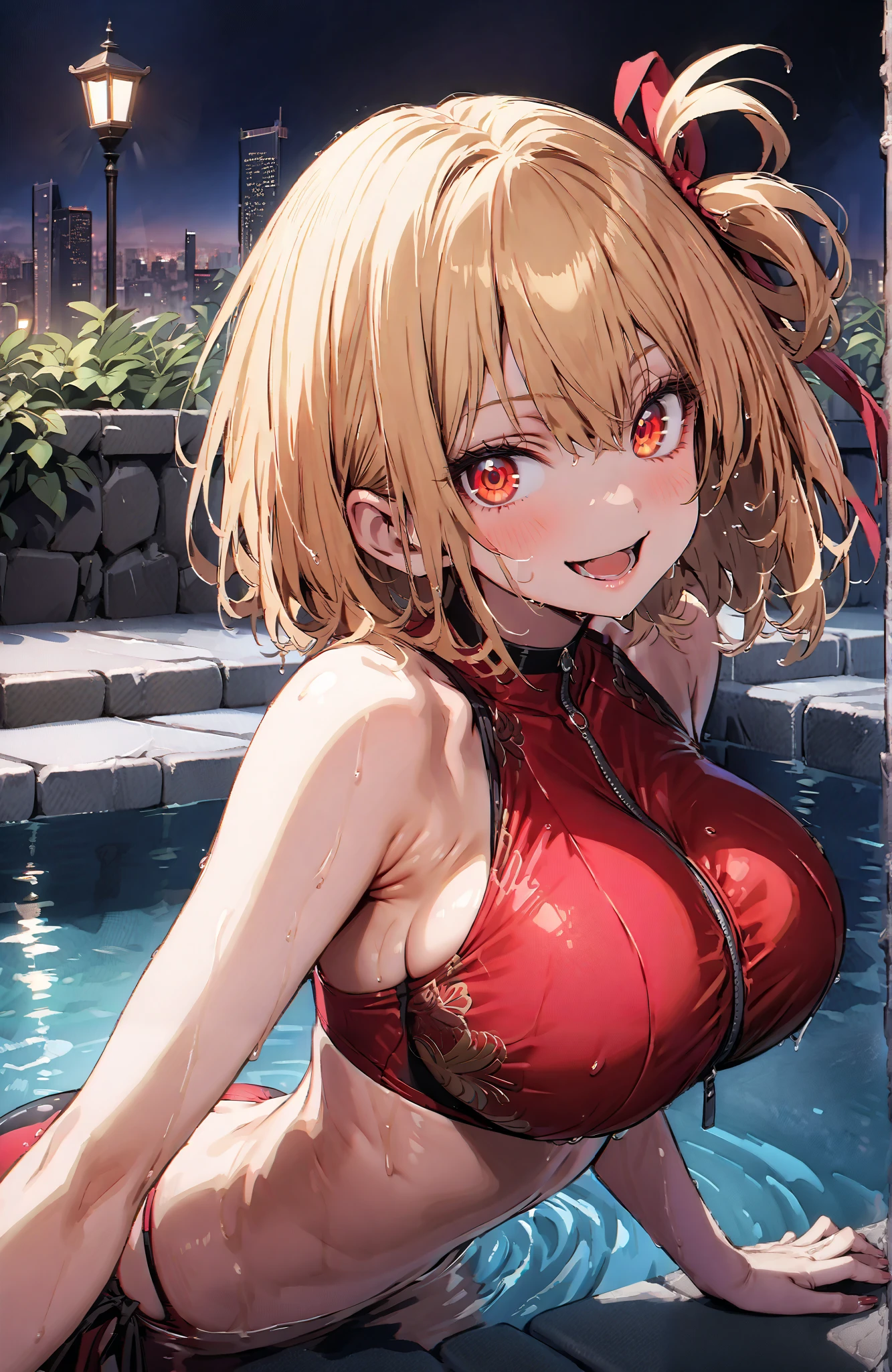 score_9, score_8_up, score_7_up, source_anime,
Nishiki Shiho , Nishiki Shiho , short hair, bungs, blond hair, Red Eyes, hair ribbon, one side up, bob cut,smile,cover,opens her mouth,Big Breasts,Chest Valley,Red bikini swimsuit,Submersion,night,Beautiful cityscape,綺麗なnight景,clothed,wet skin, wet swimsuit ,wet hair,the surface of the water is illuminated by moonlight and mysterious,full body,がillustrationに入るよう,break outdoors, night pool,
break looking at viewer,full body,
break (masterpiece:1.2), top quality, high resolution, Unity 8k Wallpaper, (illustration:0.8), (beautiful detailed eyes:1.6), highly detailed face showing two breasts, so that it fits into the illustration, extremely detailed CG, (perfect hand, perfect anatomy),