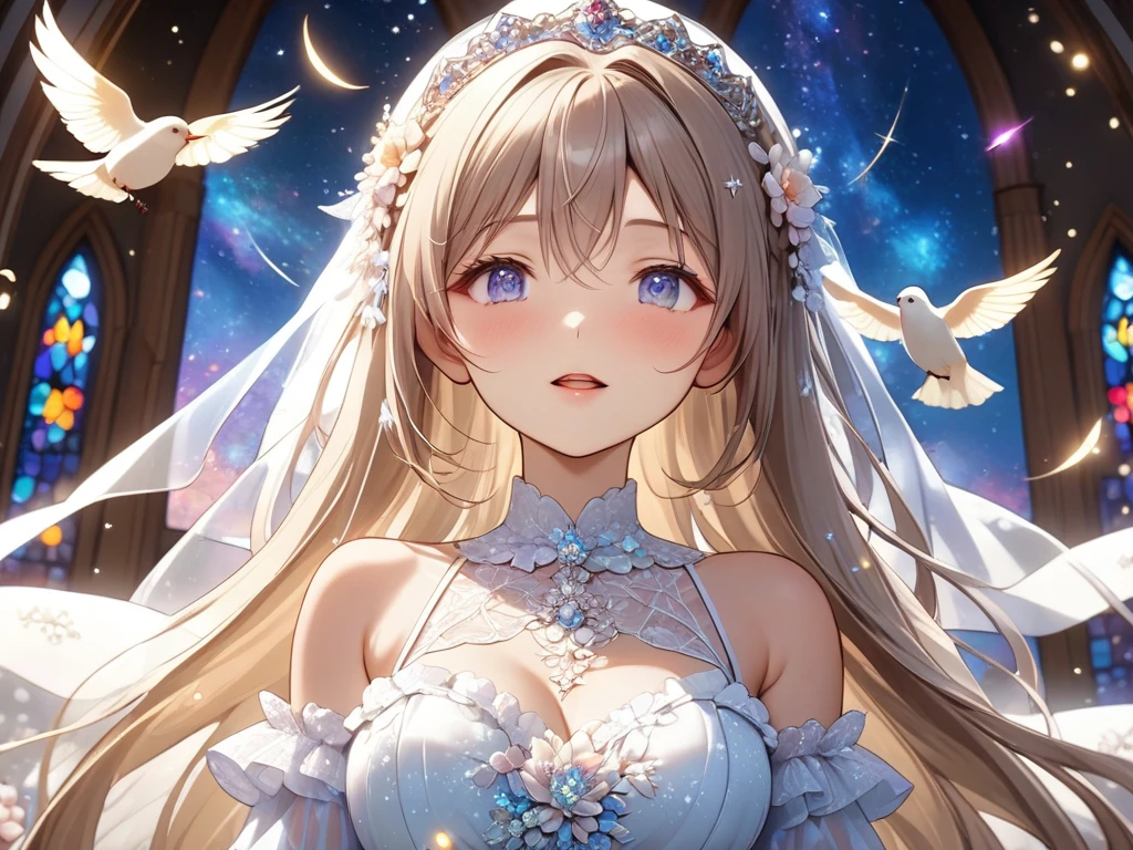 (masterpiece, best quality: 1.4), detailed background, white crystal, crysal cluster,long hair,jewelry, earrings, necklace, crown, bride, white hair, halo,