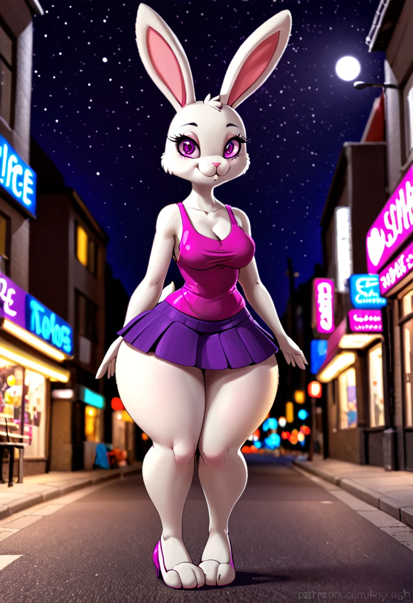 solo, 1girl, Diane Foxington, (huge breasts:1.2), (hyper hips), (big bottom lip:1.2), (deep pink lip gloss:1.3), pink leather collar, bimbo, prostitute, pink eyeshadow, curvy, voluptuous, hourglass figure, long black dress with open thighs, (pink latex dress dress:1.6), (nipple outline:1.1), (wide hips:1), eyebrow piercing, (muscular legs:1.2), (open-toed pink stiletto heels:1.4), (street corner:1.4), late night, street light, standing upright, seductive smile, very tall, sharp detail, crisp detail, looking at viewer, by darkgem, by kevinsano, by BNG,