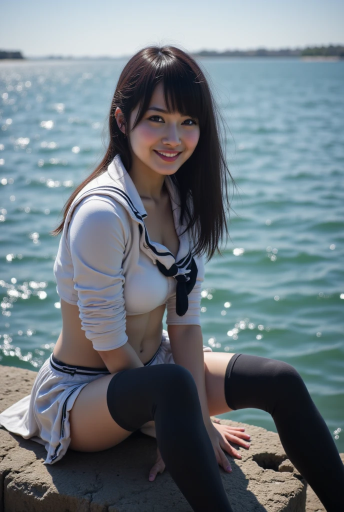 （8k、Raw photography、Highest quality、masterpiece：1.2),(Black Hair、Dark Eyes:1.9),(:1.6)、View your viewers,Front view,White skin,(:1.3)、(Tight waist:1.6)、(Clothes that accentuate the shape of the breasts:1.0)、(Big Breasts :1.3)、Slim figure、Ultra-high resolution,beautiful,beautiful fece,(One person、No background:1.9),whole bodyボディー,Japanese women,（reality的：1.37）、Photon Mapping,reality、(Baby-faced and cute: 1.2)、(Cute Smile: 1.8)、(Round face: 1.8)、Radio City、Physically Based Rendering、Depth of field rally background、photograph, (I can see your knees、Thigh close-up:1.8),（:1.3）,whole body、Great quality