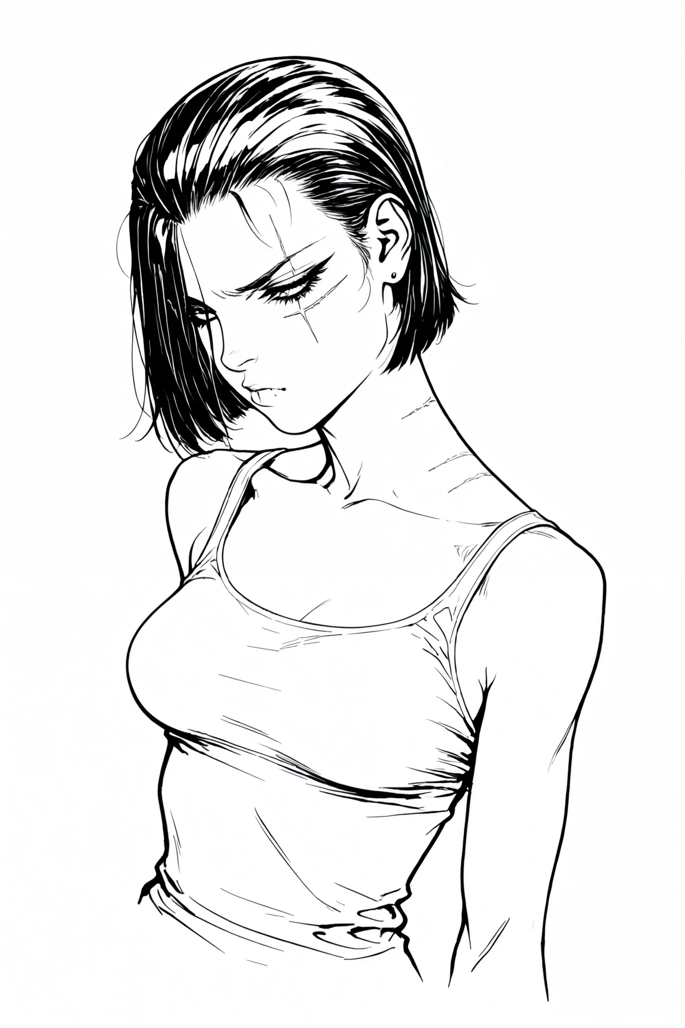 monochrome, greyscale, Line art, lineart, Timbrook, HDR, 8K, high contrast, masterpiece, best quality, amazing quality, very aesthetic, anime artstyle, realistic, newest,
BREAK
monochrome, greyscale, Line art, lineart, Timbrook, high angle shot,
BREAK
1girl, beauty mark under one eye , pout , large eyelashes, medium breasts , portrait , torso shot , bob cut , tank top, shoulder length hair , slicked back from the right side , hair over left eye . scar over right eye