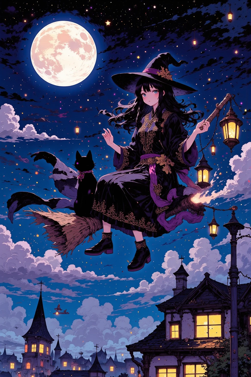 The witch riding a flying broom and the full moon in the night sky, A witch straddling a broom、 A pose cutting through the wind, Hair and clothes fluttering in the wind, Emphasizing the witch's silhouette, Contrast with the night sky, Black cats and lanterns, Witch-like props added,The Moon Is Big 、Brightly painted、The witch's costume is a classic design with a triangular hat,star々A deep night sky scattered around,流れstarとオーロラ, A fantastical, dream-like atmosphere, Thin clouds placed,depicts the moonlight shines through clouds,The color is centered around a black witch and broom、The background is blue or purple to express the night sky,The moonlight shines softly in white and yellow, Not only the light from the full moon、 A small magical light from the end of the broom（Pale Flame）Issue,and a modern arrangement with a triangular hat、robe、 Traditional clothing such as boots,モダンなアレンジで個性Issueために色や形状に変化を加うる,Decorations（ Pendants and belts） with accents,line of sight guidance that can add changes to the shape, and move it at the angle of the broom, A magical town spreads out below,建物のシルエットを配置し奥行きIssue,Little character pop art , Move at night ,ハイパー  details イラスト , 病気にかかったような可愛い detailsな彩色画 , エクストラファインインクの details  ,  luxurious fabric to sit on a gothic throne   ,   details ,    full color illustration   , wonderful painting atmosphere ,たくさんの details,  超 detailsな色彩アート , かわいい detailsなアートワーク  ,   anime style,  anatomically accurate , 
