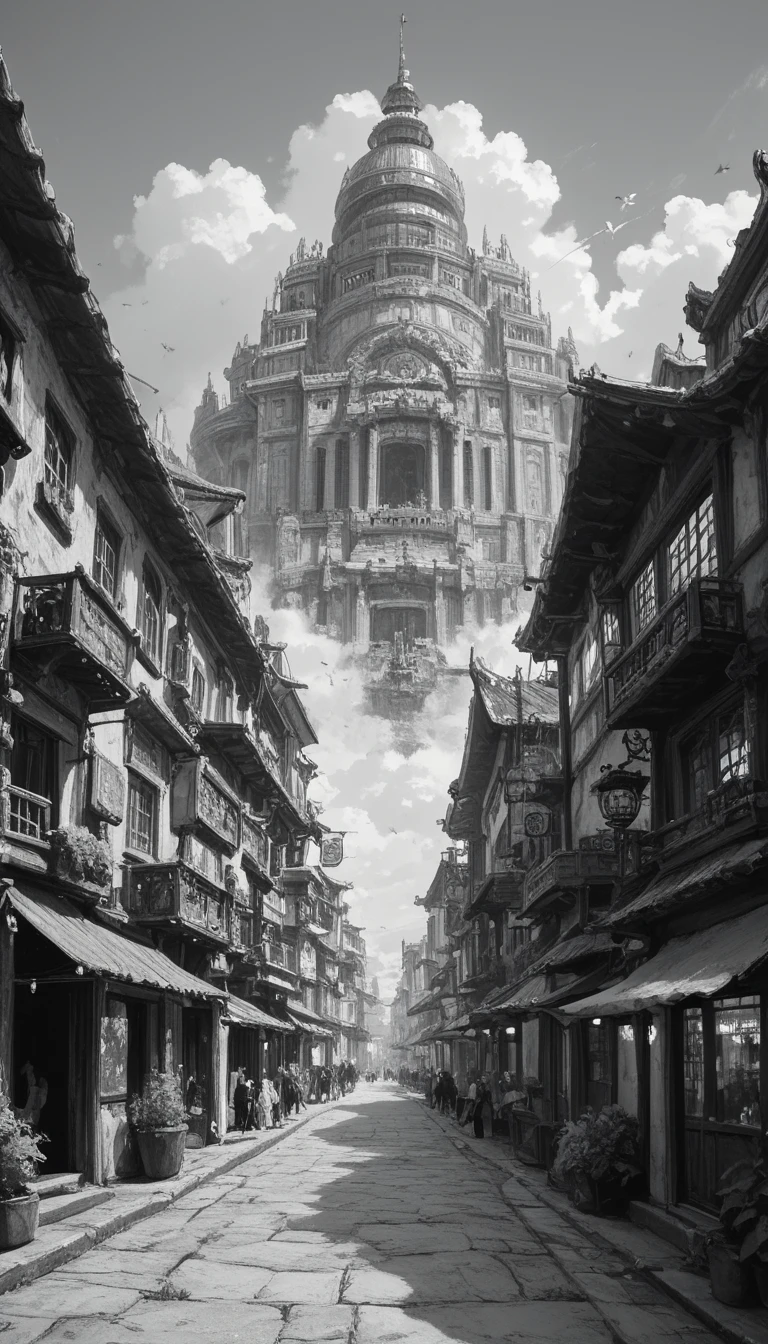 I'm imagining、Black and white landscape painting、View of Wei in delicate style、ancient northern Chinese urban city with delicate painting style。