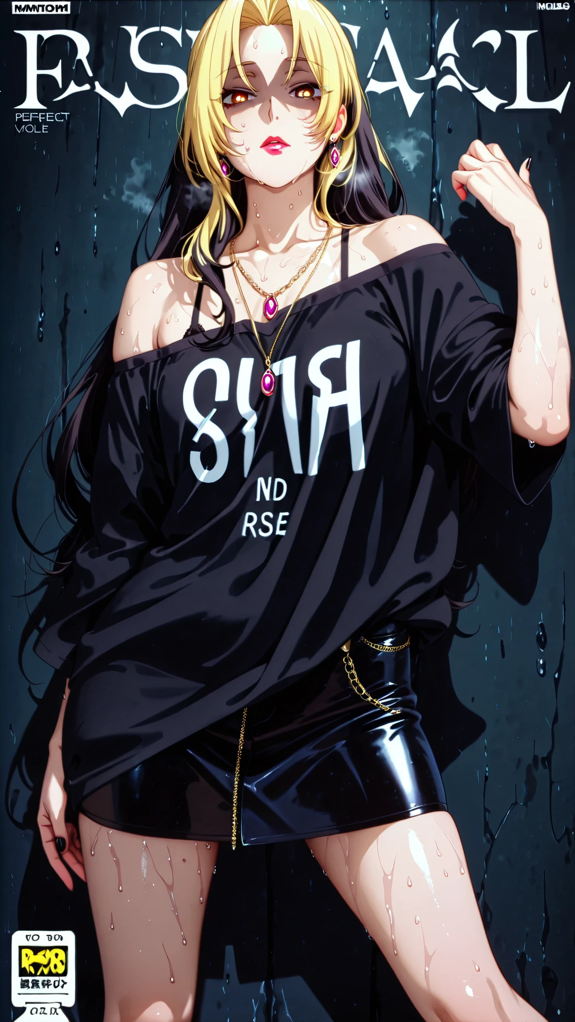 anime coloring, anime screencap, anime-style detailed background, vignetting, masterpiece, high quality, absurdres, best quality, very aesthetic, newest, dynamic composition, anatomical correct, HD, 4K, digital art, trending on ArtStation, ((anatomical correct)), perfect body, perfect eyes, perfect fingers, gasping, heavy breathing, excessive sweating, sweating, sweating profusely, gasping profusely, cinematic, ((skindentation)), ((curvy)), dominique de sade, long hair, black hair, curtained hair, ((small breasts)), yellow eyes, ((black pupils)), plump, 1girl, solo, jewelry, necklace, off_shoulder, bra_strap, shirt, cover, skirt, fake_cover, looking_at_viewer, mature_female, breasts, off-shoulder_shirt, black_shirt, makeup, black_nails, nail_polish, black_skirt, miniskirt, bare_shoulders, cover_page, lips, english_text, standing, magazine_cover, earrings, collarbone, fashion, thighs, red_lips, half-closed eyes, shaded face,