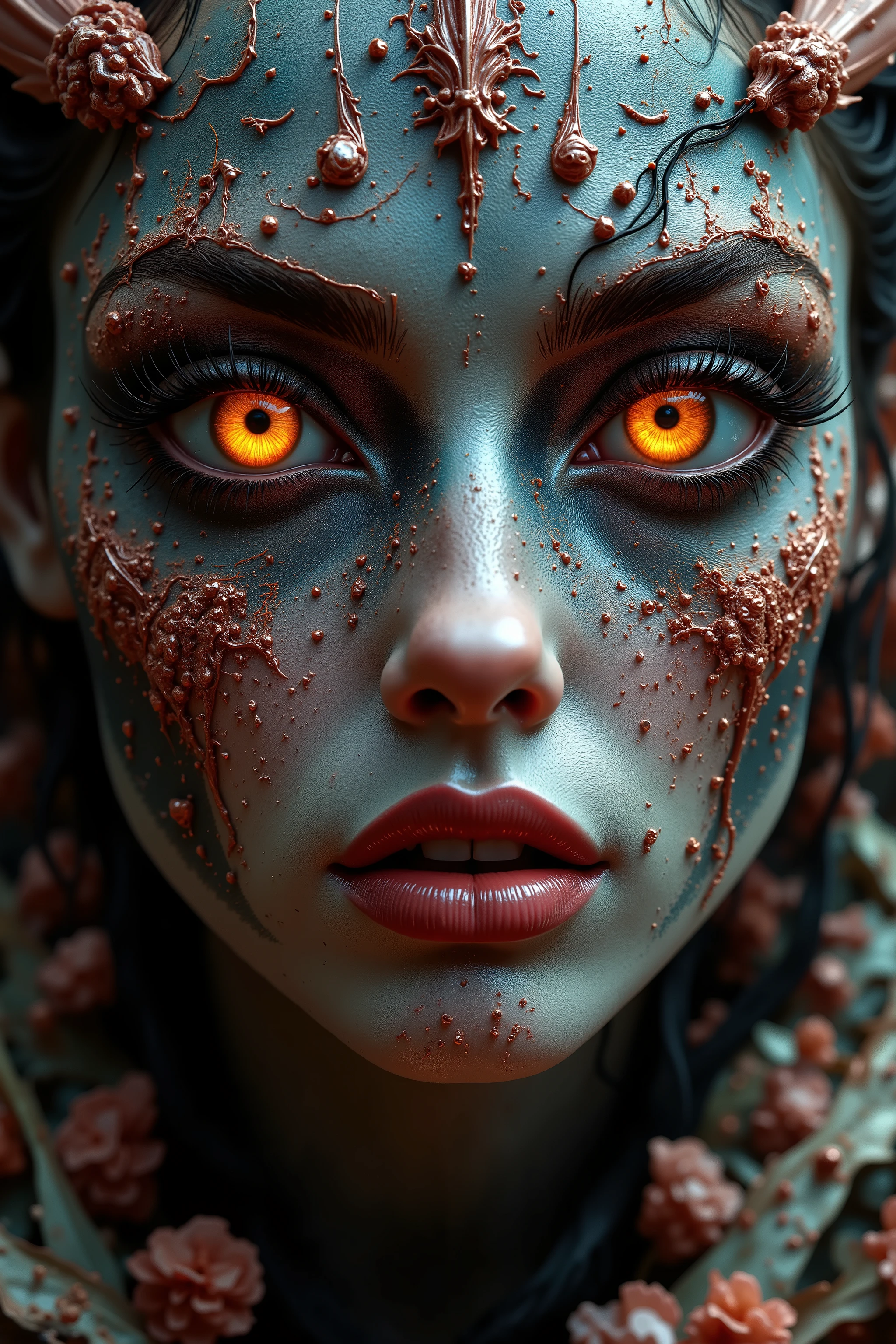 (best quality,4k,8k,highres,masterpiece:1.2),ultra-detailed,(realistic,photorealistic,photo-realistic:1.37),complicated surreal scene,organic growth,twisted dark fantasy,disturbing visuals,abstract biomechanical structures,intricate details,muted color palette,dramatic lighting,visceral textures,unsettling atmosphere,eldritch horror,nightmarish imagery,otherworldly landscape,mutation and transformation,organic machinery,unnatural forms,surrealistically grotesque,beautifully horrific,distorted reality,dark and twisted,grotesque beauty