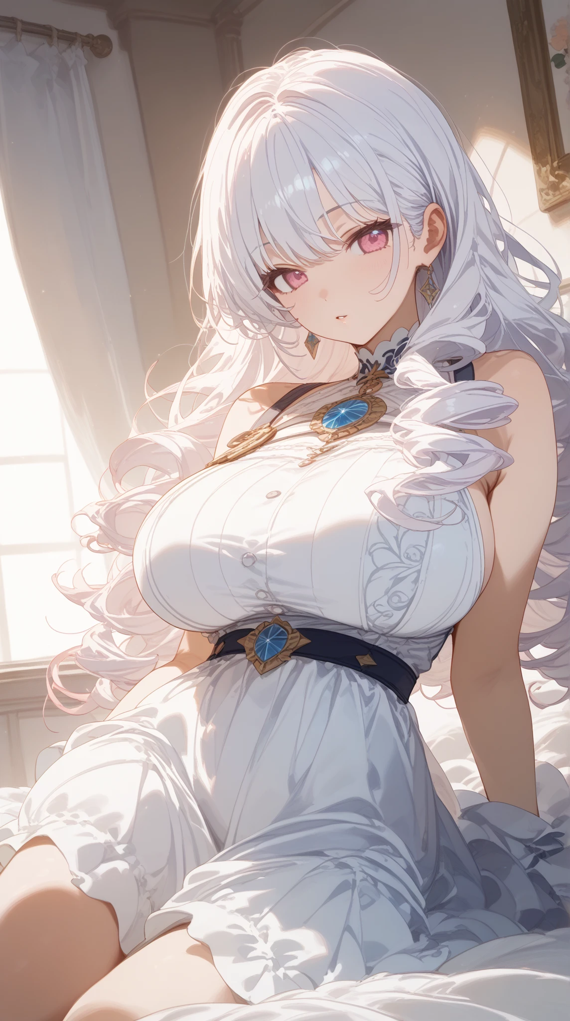 Busty anime girl sitting in a red chair, Anime Goddess, Breasts covered and SFW, tits, have large breasts, Top rated on pixiv, artstation pixivでトレンド, have large breasts, ((Beautiful Fantasy Empress)), Pixiv 3DCG, Highly detailed official artwork, blue scales covering her chest, 8k high quality detailed art。Erect nipples through clothes