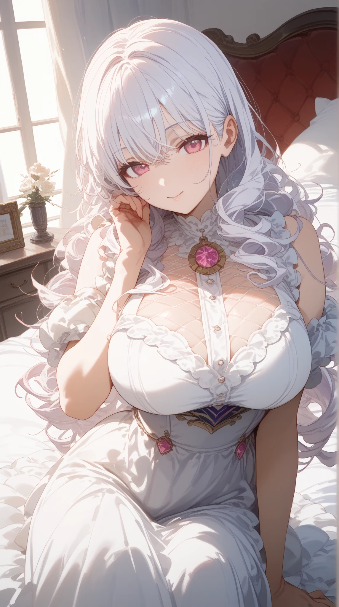 1girl, silver hair, yellow, hair long, wavy hair, average breasts, blush, light smile, glow, thighs, bare shoulders, collarbone, narrow waist, cleavage, (masterpiece), wedding dress,(beautiful detailed face, beautiful detailed eyes), bedroom, night time,