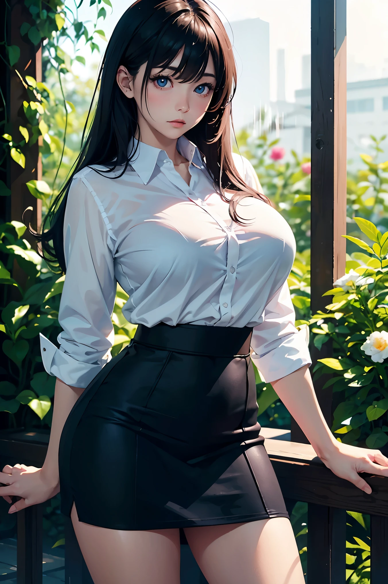 1 female,(background:In the woods,Rainforest,In the summer,Strong wind) She has short black hair,Bangs,Straight Hair,Red lips,stand up,Front view, OK, Gloomy sky,(((masterpiece),(Highly detailed CG Unity 8k wallpaper),最OK质量,Light,详细background,Beautiful black eyes,(Very delicate and beautiful),(Beautiful and detailed description of the eyes),Super detailed,masterpiece,)),face camera,high resolution,Super detailed),Exposing breasts,US Navy(Wear:Military cap,White shirt,Tights)