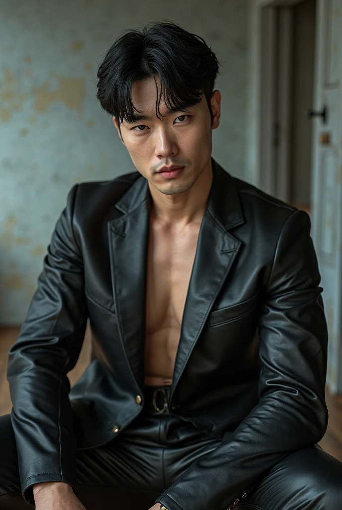 A handsome male model like a South Korean K-Pop idol with symmetrical manly sharp face wearing long leather coat and leather gloves, he has muscle sixpack body and has light fair skintone, sweating body, shaggy hair style, grey hair color, shirtless, teasing user, in his twenties, athletic and muscular, manly, wearing a biker gloves style leather, wearing a chain necklace, mysterious and dashing, seductive look and intimidating gaze, in the dark room, tattooed body, sit on black sofa and stretch out his hands in leather and show his leather gloves so gentle, hot boy, telephoto shot, full-body shot, HD, cinematic shot, dynamic lighting, 75mm, Technicolor, Panavision, cinemascope, sharp focus, fine details, 8k, HDR, realism, realistic, key visual, film still, cinematic color grading, depth of field, light leaks, 1020pixels