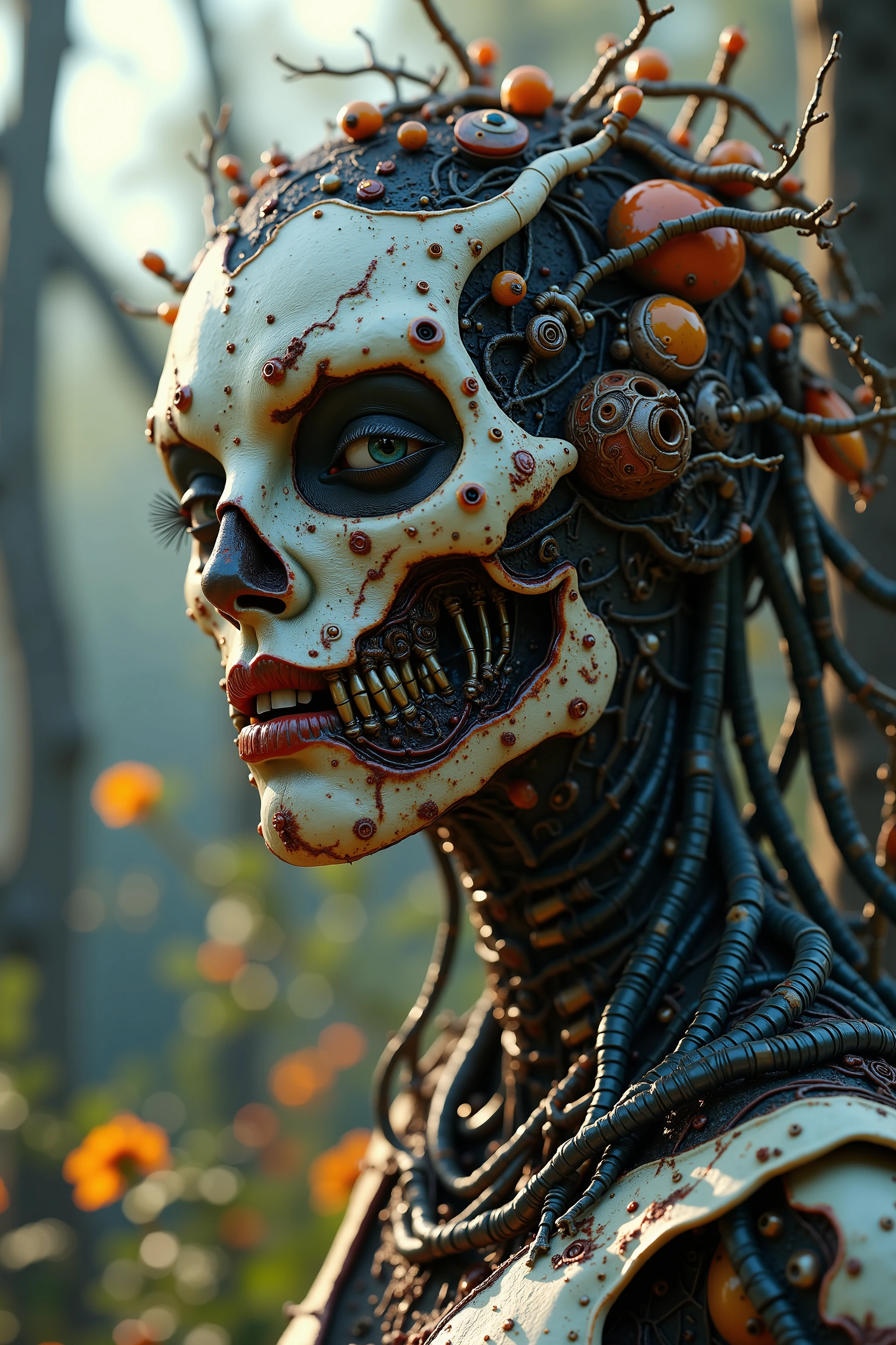 (best quality,4k,8k,highres,masterpiece:1.2),ultra-detailed,(realistic,photorealistic,photo-realistic:1.37),complicated surreal scene,organic growth,twisted dark fantasy,disturbing visuals,abstract biomechanical structures,intricate details,muted color palette,dramatic lighting,visceral textures,unsettling atmosphere,eldritch horror,nightmarish imagery,otherworldly landscape,mutation and transformation,organic machinery,unnatural forms,surrealistically grotesque,beautifully horrific,distorted reality,dark and twisted,grotesque beauty