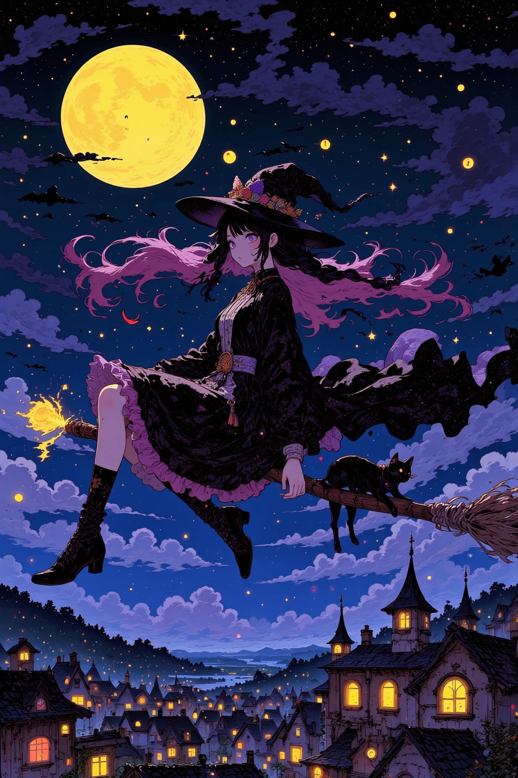 The witch riding a flying broom and the full moon in the night sky, A witch straddling a broom、 A pose cutting through the wind, Hair and clothes fluttering in the wind, Emphasizing the witch's silhouette, Contrast with the night sky, Black cats and lanterns, Witch-like props added,The Moon Is Big 、Brightly painted、The witch's costume is a classic design with a triangular hat,star々A deep night sky scattered around,流れstarとオーロラ, A fantastical, dream-like atmosphere, Thin clouds placed,depicts the moonlight shines through clouds,The color is centered around a black witch and broom、The background is blue or purple to express the night sky,The moonlight shines softly in white and yellow, Not only the light from the full moon、 A small magical light from the end of the broom（Pale Flame）Issue,and a modern arrangement with a triangular hat、robe、 Traditional clothing such as boots,モダンなアレンジで個性Issueために色や形状に変化を加うる,Decorations（ Pendants and belts） with accents,line of sight guidance that can add changes to the shape, and move it at the angle of the broom, A magical town spreads out below,建物のシルエットを配置し奥行きIssue,Little character pop art , Move at night ,ハイパー  details イラスト , 病気にかかったような可愛い detailsな彩色画 , エクストラファインインクの details  ,  luxurious fabric to sit on a gothic throne   ,   details ,    full color illustration   , wonderful painting atmosphere ,たくさんの details,  超 detailsな色彩アート , かわいい detailsなアートワーク  ,   anime style,  anatomically accurate , 