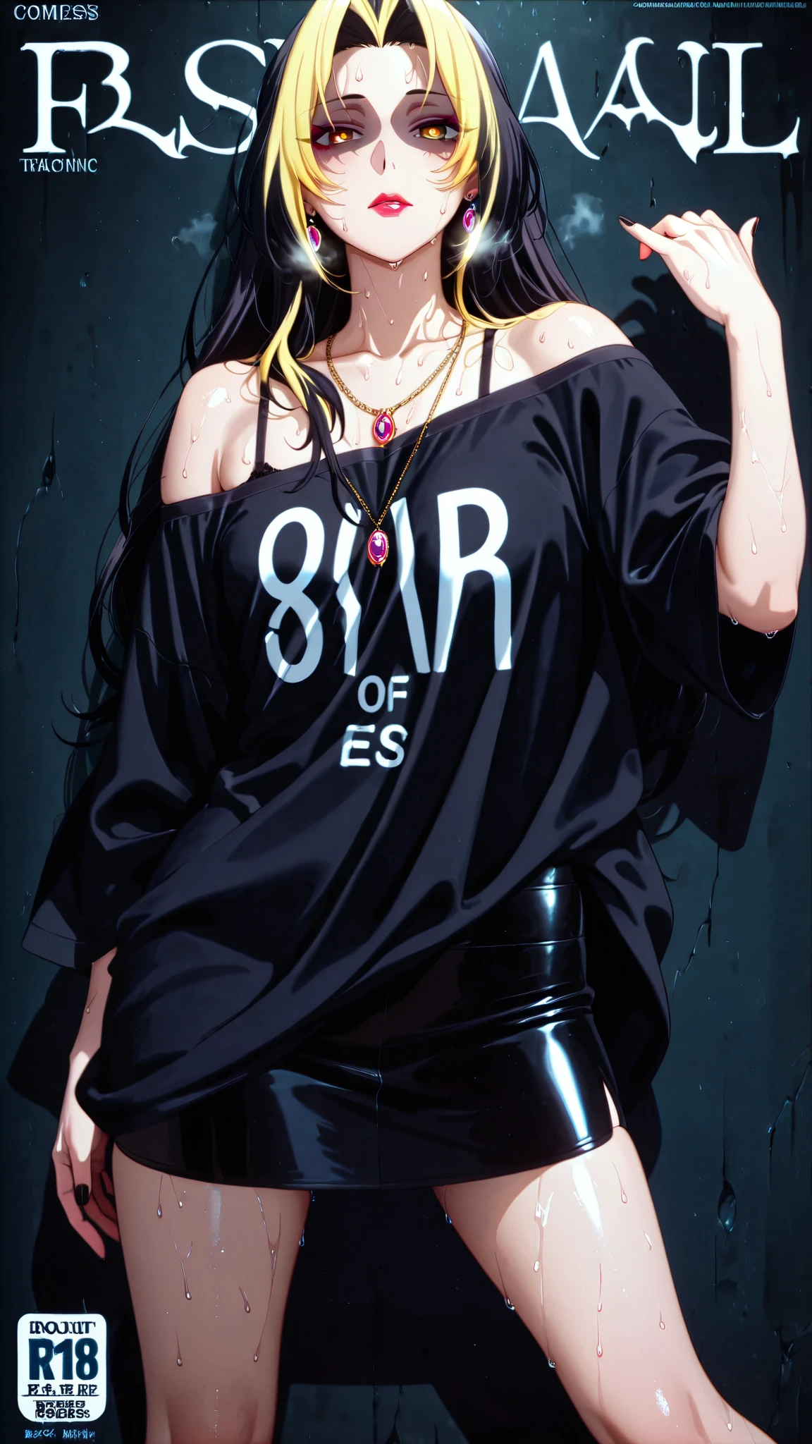 anime coloring, anime screencap, anime-style detailed background, vignetting, masterpiece, high quality, absurdres, best quality, very aesthetic, newest, dynamic composition, anatomical correct, HD, 4K, digital art, trending on ArtStation, ((anatomical correct)), perfect body, perfect eyes, perfect fingers, gasping, heavy breathing, excessive sweating, sweating, sweating profusely, gasping profusely, cinematic, ((skindentation)), ((curvy)), dominique de sade, long hair, black hair, curtained hair, ((small breasts)), yellow eyes, ((black pupils)), plump, 1girl, solo, jewelry, necklace, off_shoulder, bra_strap, shirt, cover, skirt, fake_cover, looking_at_viewer, mature_female, breasts, off-shoulder_shirt, black_shirt, makeup, black_nails, nail_polish, black_skirt, miniskirt, bare_shoulders, cover_page, lips, english_text, standing, magazine_cover, earrings, collarbone, fashion, thighs, red_lips, half-closed eyes, shaded face,