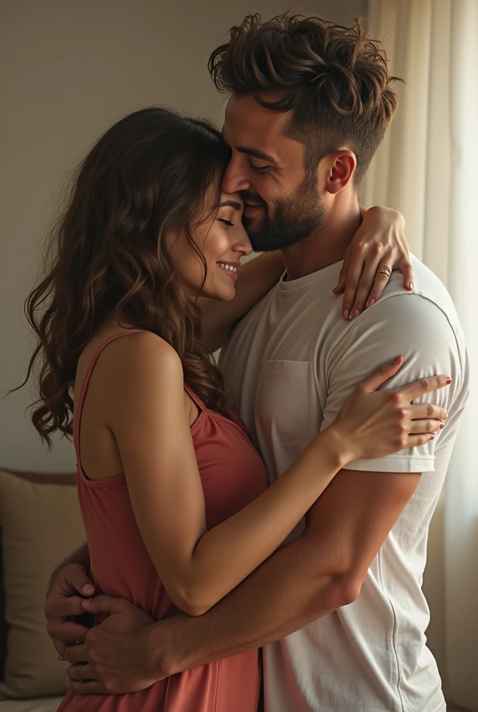 (Best quality:1.5), high quality, realistic, detailed, ((European appearance)), (whole body)beautiful facial features, (Guy hugging girl), guy with short black hair, Jeans and T-shirt, young woman, long light hair,Dress,look at each other, In the room, cinematic lighting,