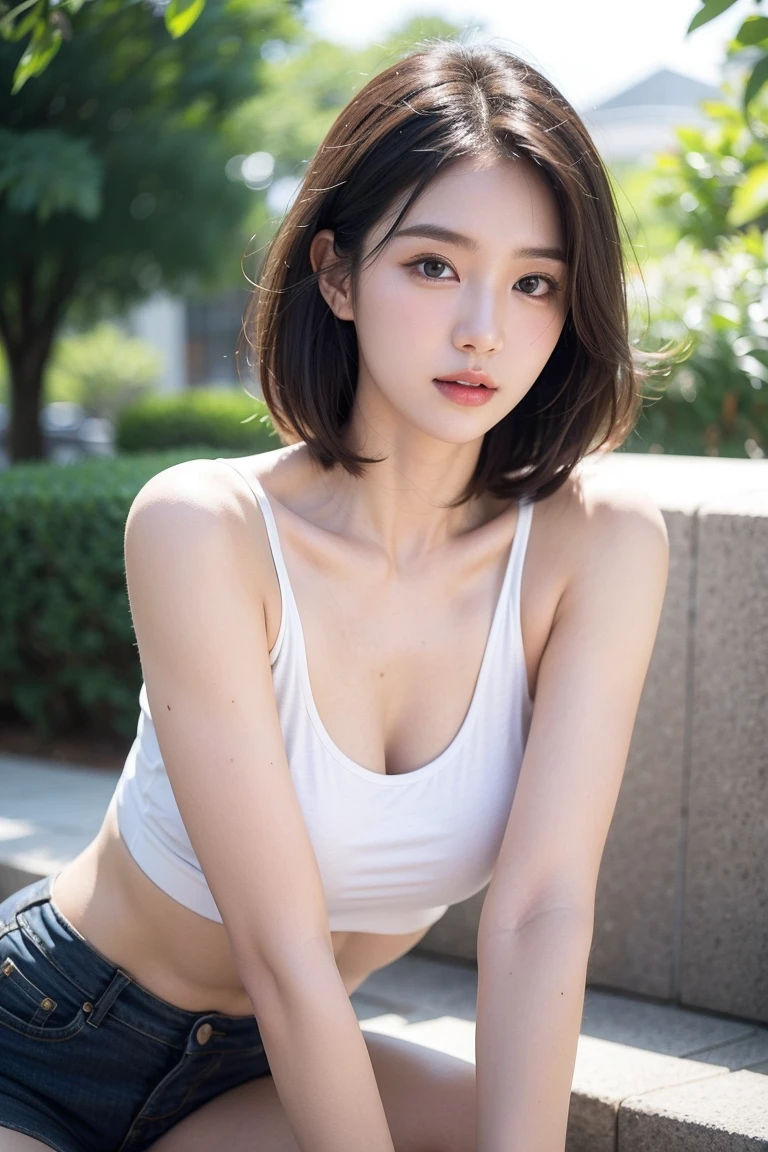 RAW photo, bokeh, (Lifelike face), smiled slightly, Top image quality, High resolution, best quality, 8k, HDR, (photorealistic:1.6), (1girl:1.4), S-shaped body, slim body, brown and curly and messy hair, very detailed face, beautiful eyes, [chubby], adorable, full body portrait, Close-up, sharp outline, romantic, Korean stylish, fashion, uniform, crop top t-shirt, a gore skirt, (spread legs:1.35), see underwear, delicate face, short brown hair fluttering in the wind, 24-year-old girl, slim figure, small bust, (sexy, plump breasts:1.2), open chest, bra, charisma, glamorous, standing tall.