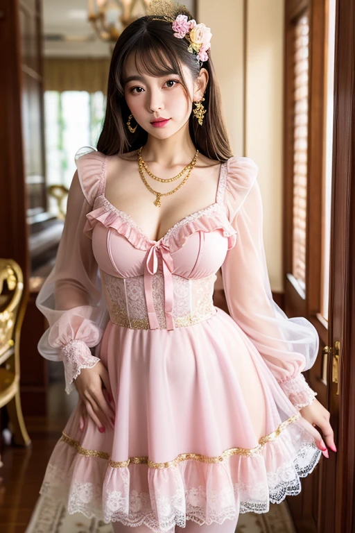 best quality, masterpiece, photorealistic, high resolution, solo, 1 girl, realistic and detailed skin,standing, look at viewer, 20-year-old,rwd side ponytail, (sun glasses with thick frame:1.4),slender body shape、((legs spread)), sexy lips,(sexy lace dress),smile,Japanese maid dress