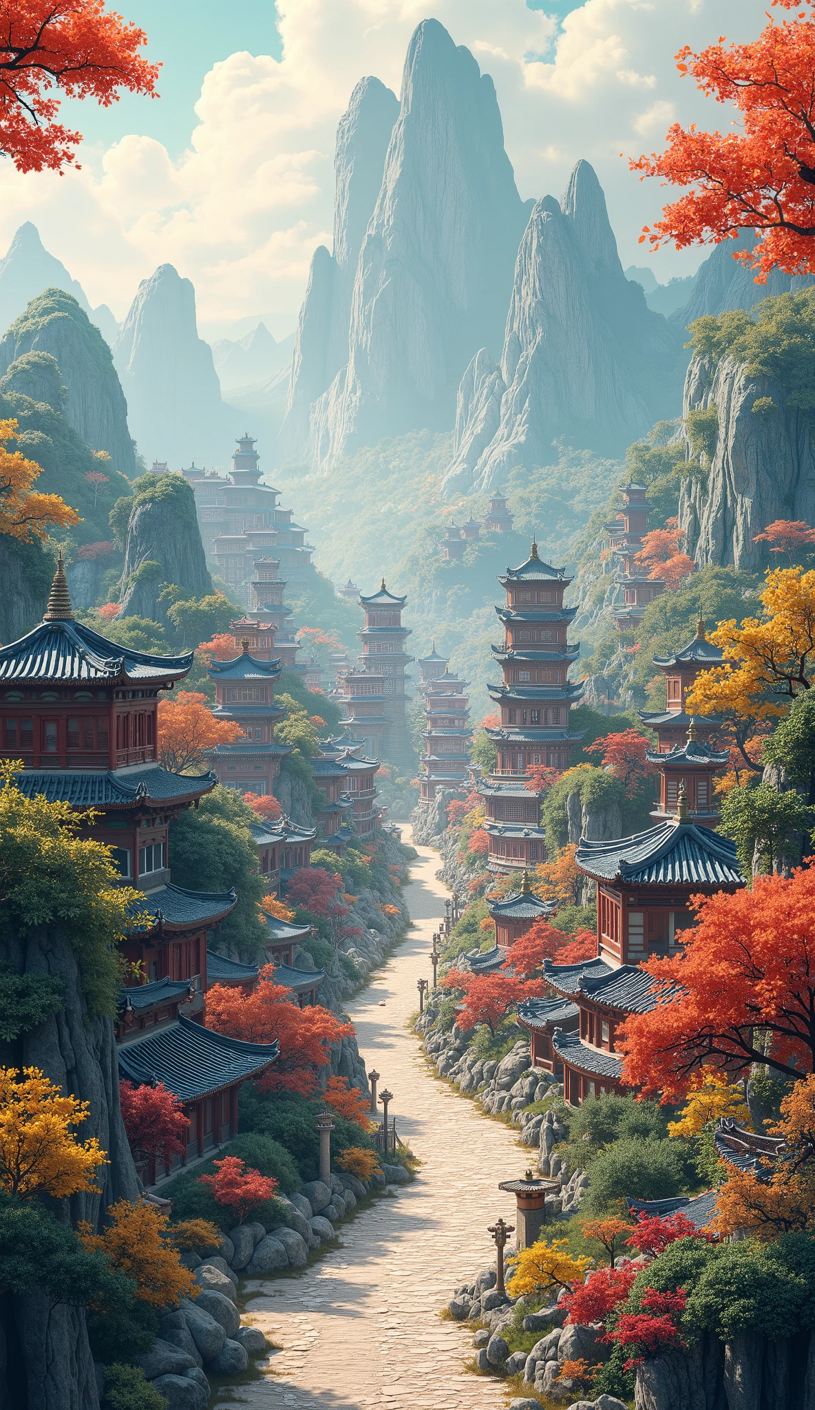 in high-definition images、imagining science、Three-dimensional landscape painting、Delicate style view of Wei、ancient northern Chinese city with delicate painting style。