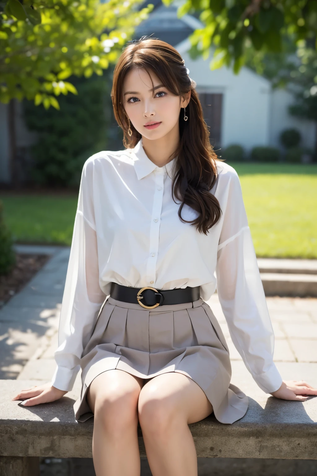 Picture of a beautiful 40 year old woman , ( her face size :0.2)、 portrait of a woman with a very small head standing beside a church bench , 、 best quality 、HD quality、 best quality Masterpiece , Ultra-accurate ,( beautiful girl :1.0) , x} I'm wearing an shirt with an elegant ruffled hem in monotone a flared monotone skirt 。、( her torso length :1.5)、 backlit or semi-backlit pictures 、 Sit shallowly on a chaise longue、 full body photo、 she's skinny 。、 Draw arms hs in the correct position ., high waist、She combs her hair、 high waistスタイルのスカート、、oversized、(The shirt has a long hem:1.4), chignon style hairstyle、Head to ankle photo、Wearing a long-sleeved leather shirt and skirt、