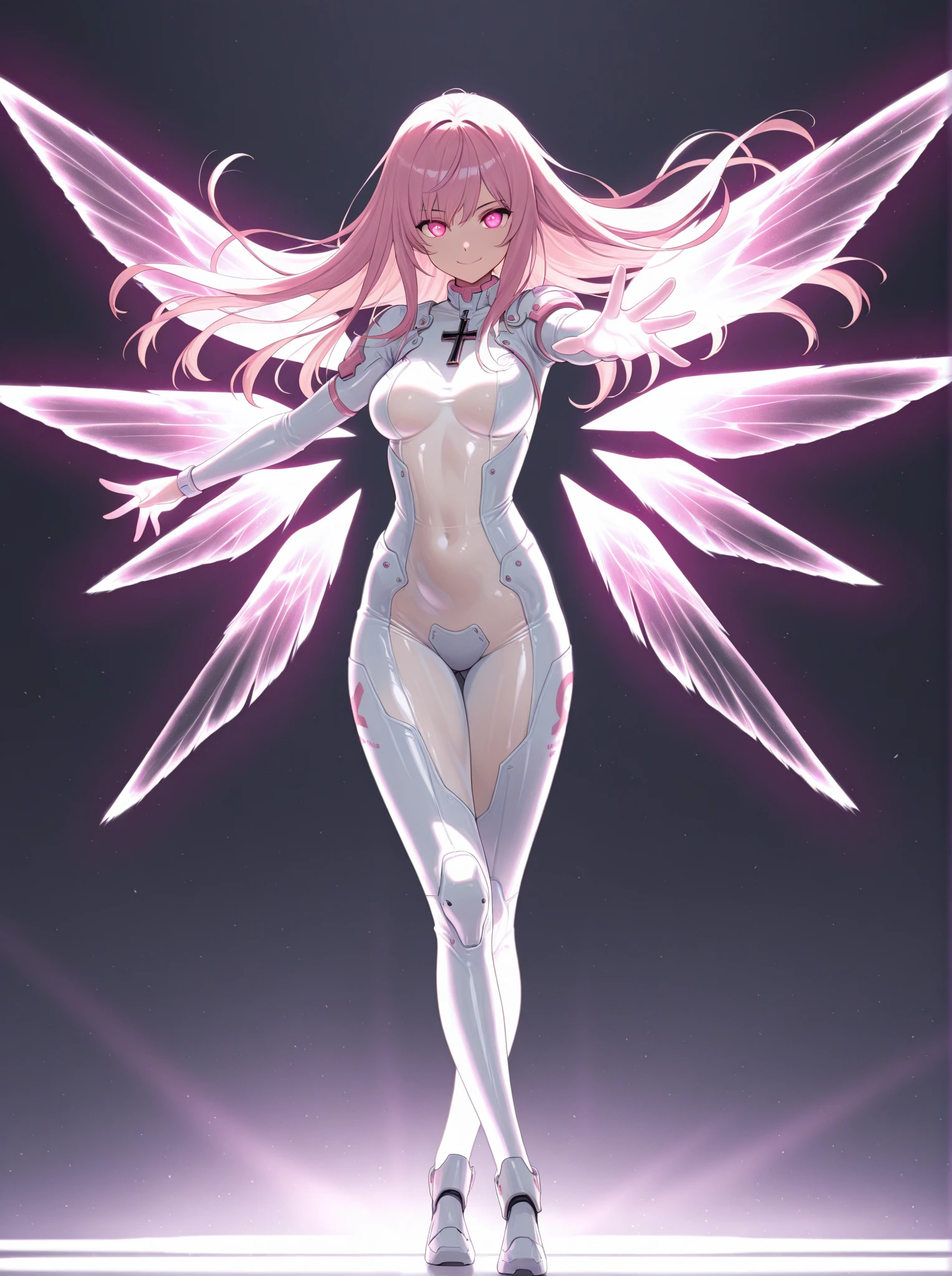ultima Madoka: 1girl, short_hair, twintails, hair_ribbon, pink_hair, pink_eyes, short_twintails, full body,standing, smile, angel wings, big breast, tall female,pink eyes, flipflops